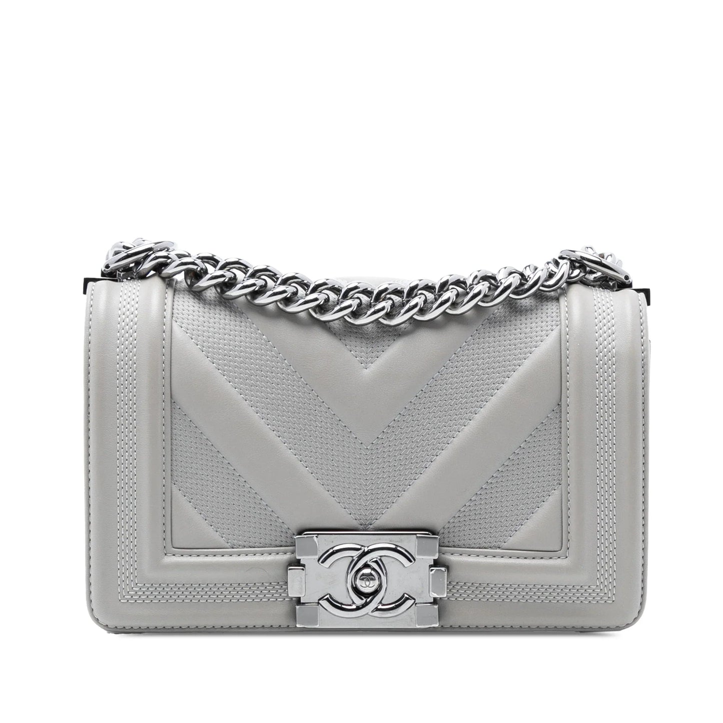 Gray Chanel Small Chevron Stitched Calfskin Boy Flap Crossbody Bag