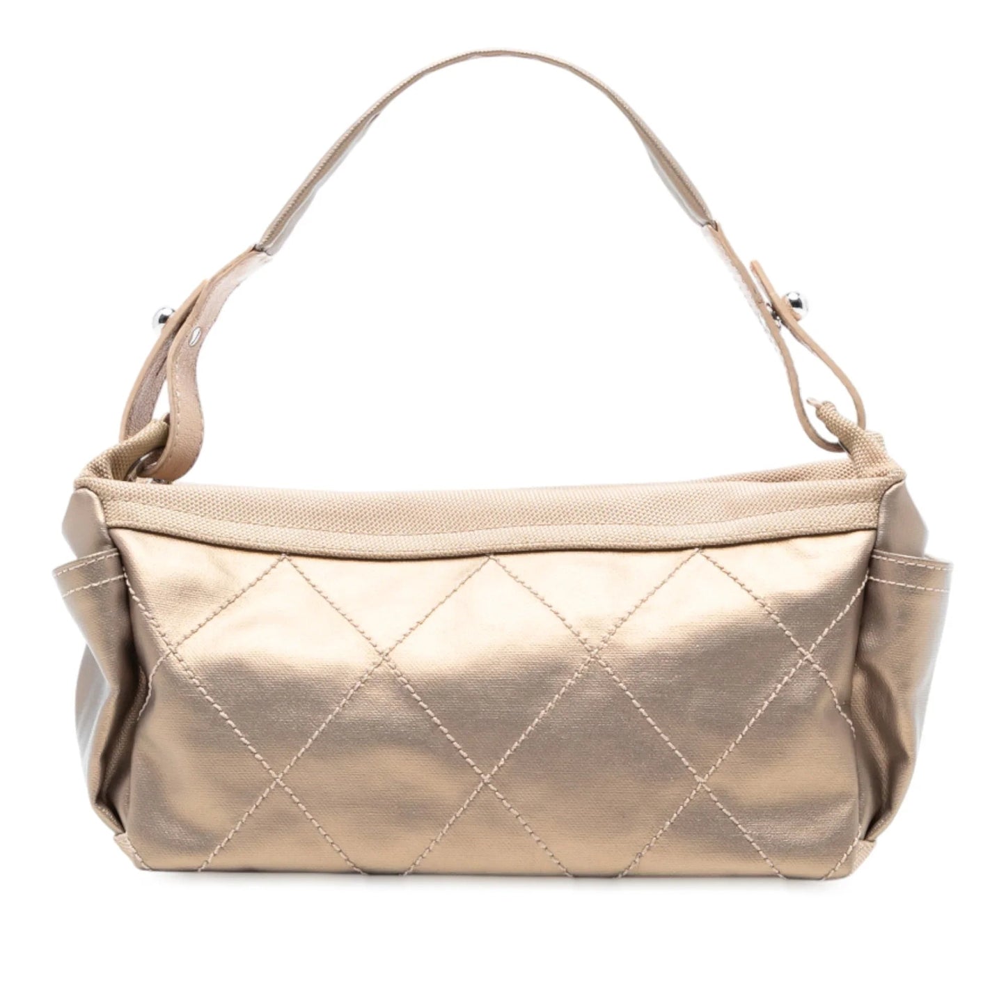 Gold Chanel Paris Biarritz Quilted Coated Canvas Handbag