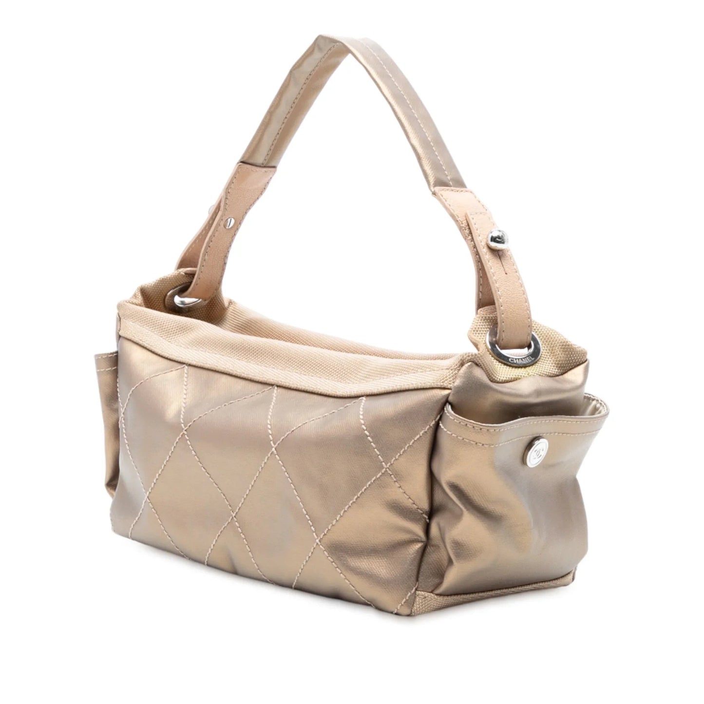 Gold Chanel Paris Biarritz Quilted Coated Canvas Handbag