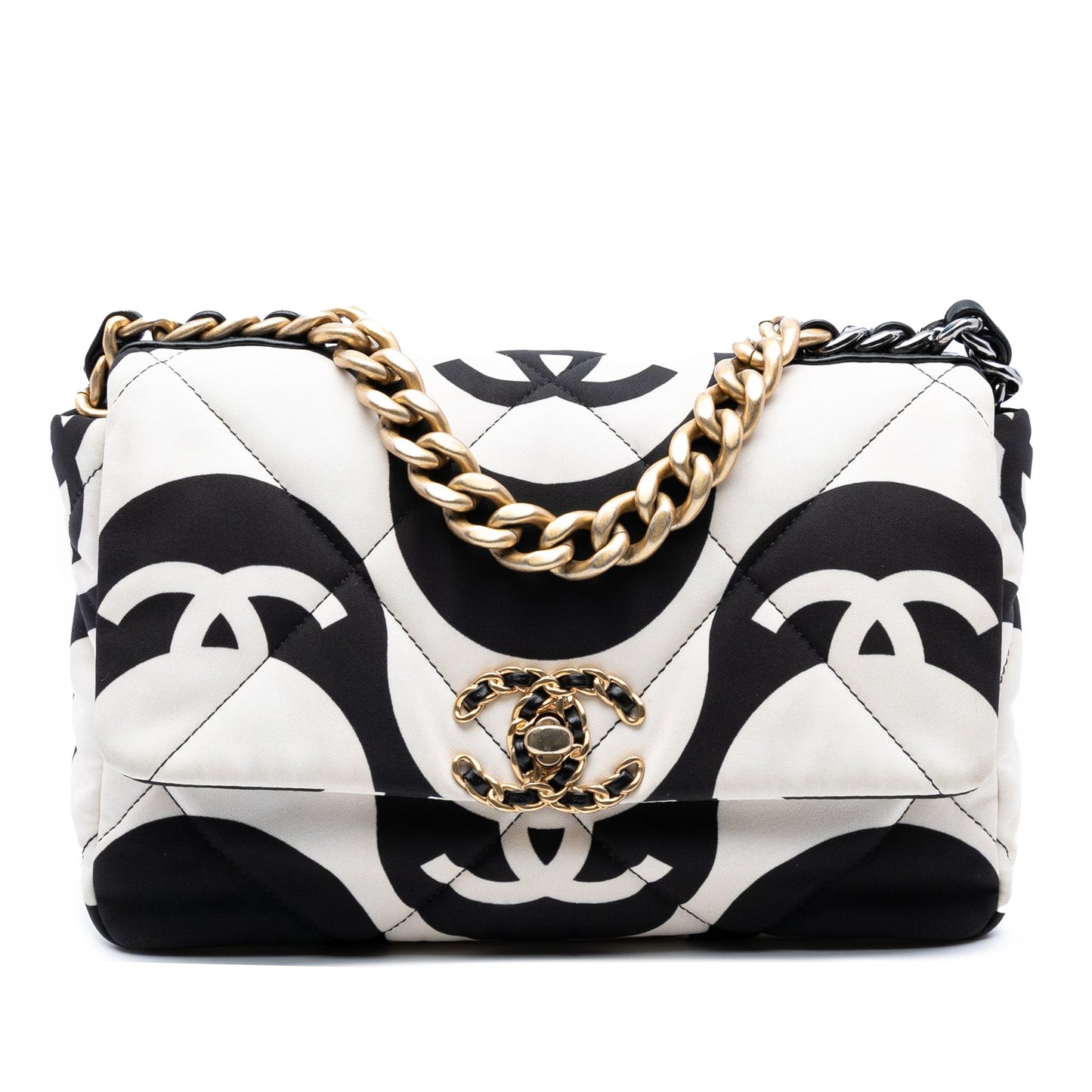 White & Black Chanel Medium Printed Silk 19 Flap Satchel