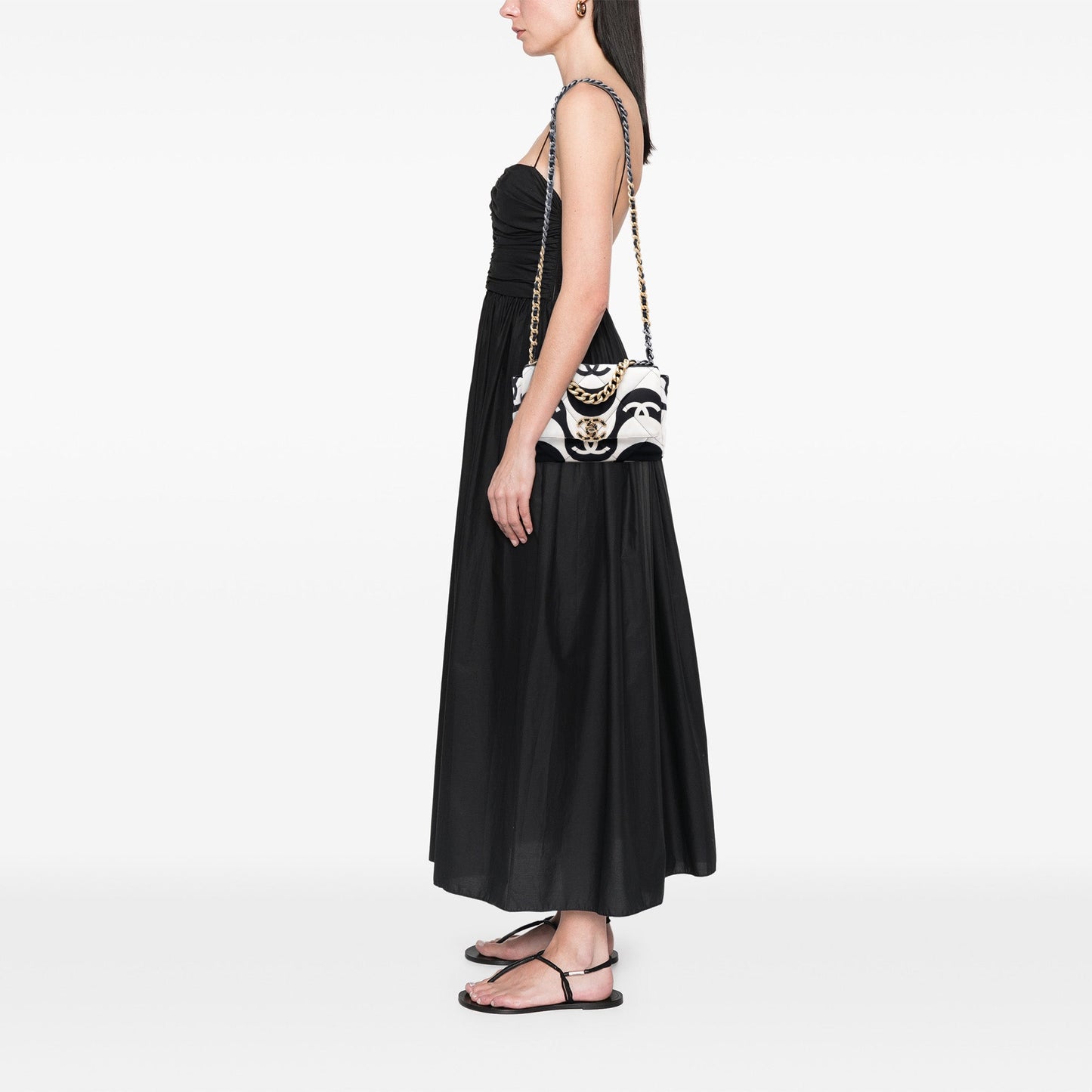 White & Black Chanel Medium Printed Silk 19 Flap Satchel