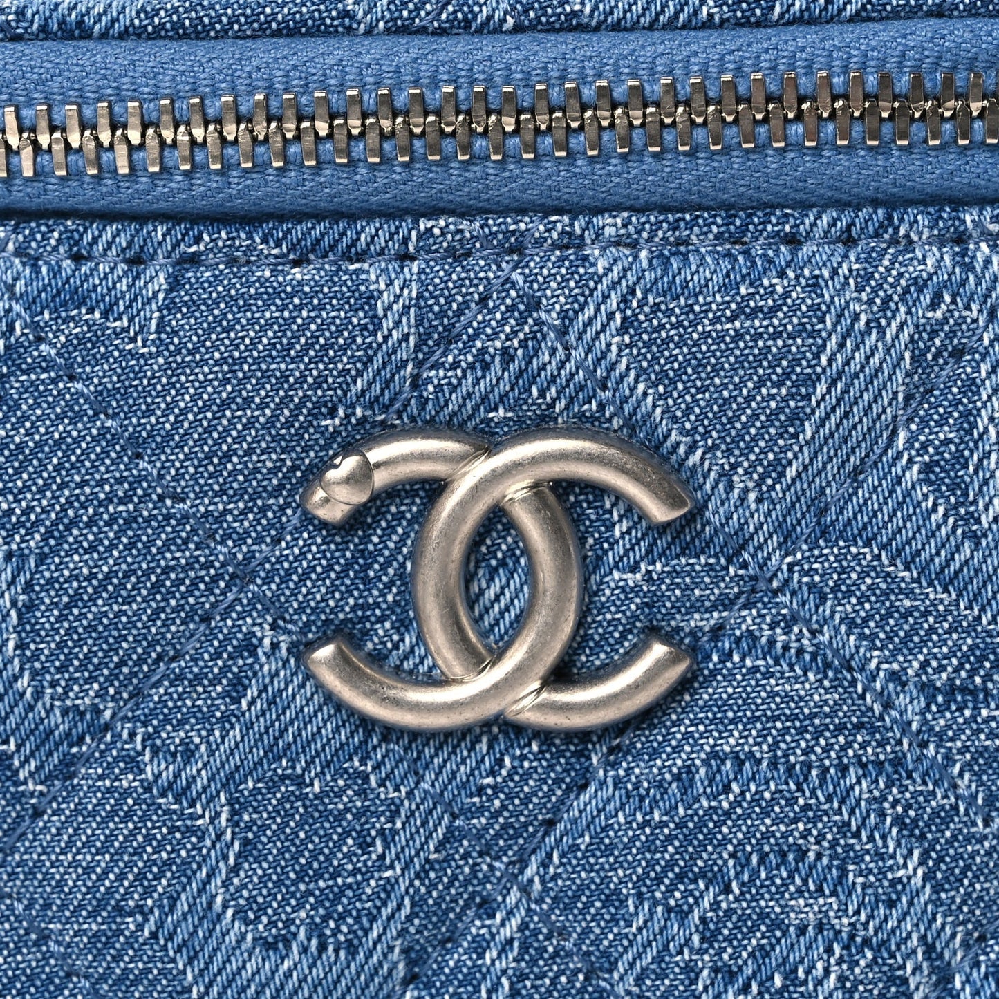Chanel Denim Quilted Camellia Sweetheart Mini Vanity Case With Chain Blue