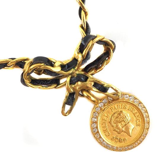 CHANEL Necklace Plated Gold, Rhinestones gold choker   coin ribbon Women