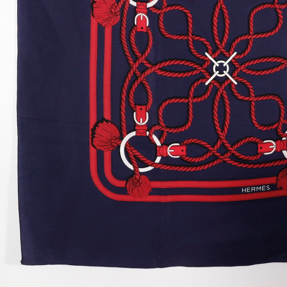 HERMES scarf silk Navy blue / red Rope Pattern Carre Women  d