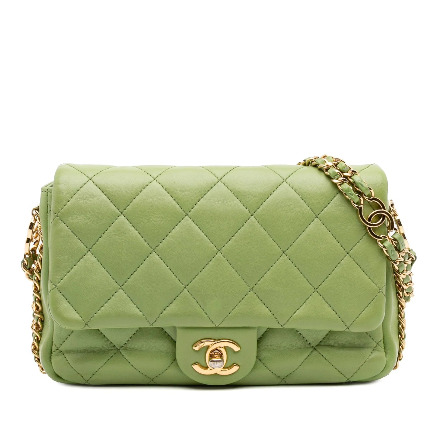Green Chanel Quilted Lambskin Double CC Chain Around Flap Crossbody Bag