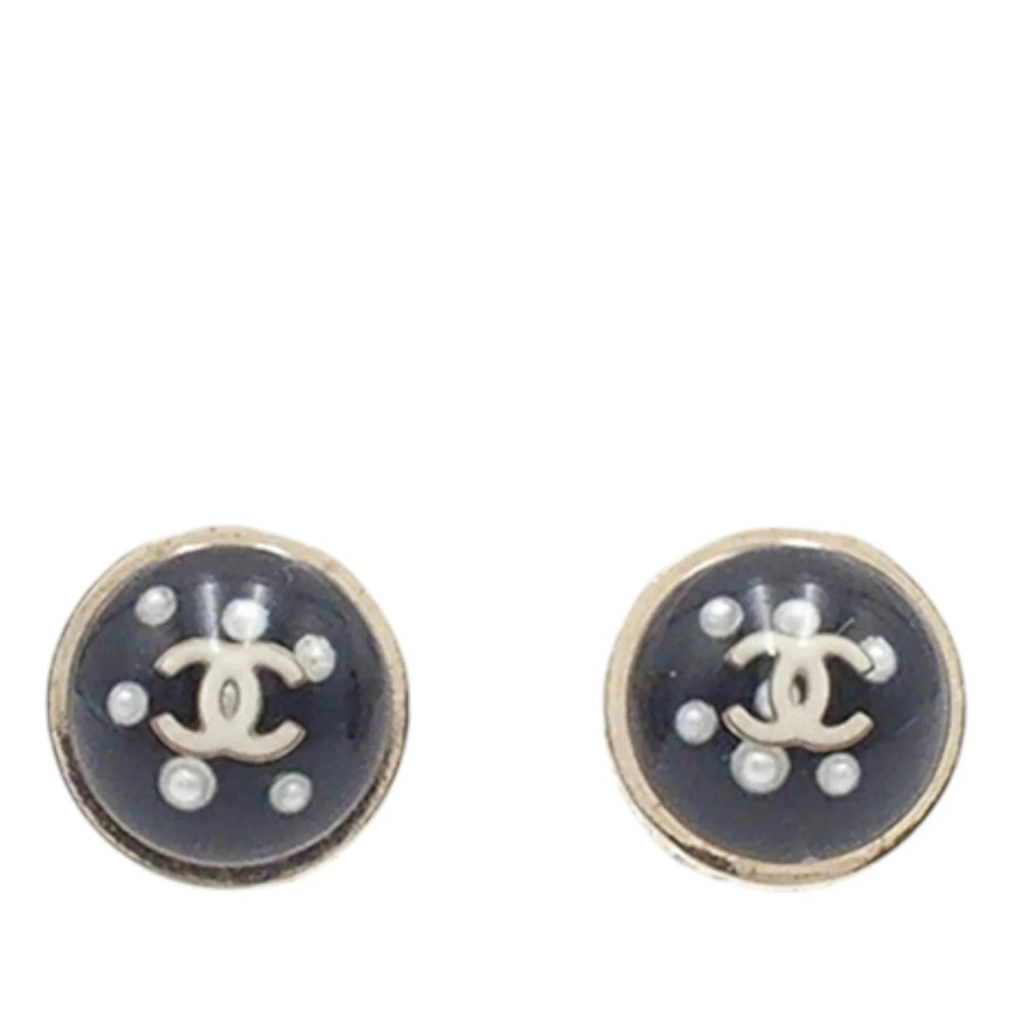 Black Chanel Gold Plated CC Resin Faux Pearl Crystal Dome Bullet Back Earrings
