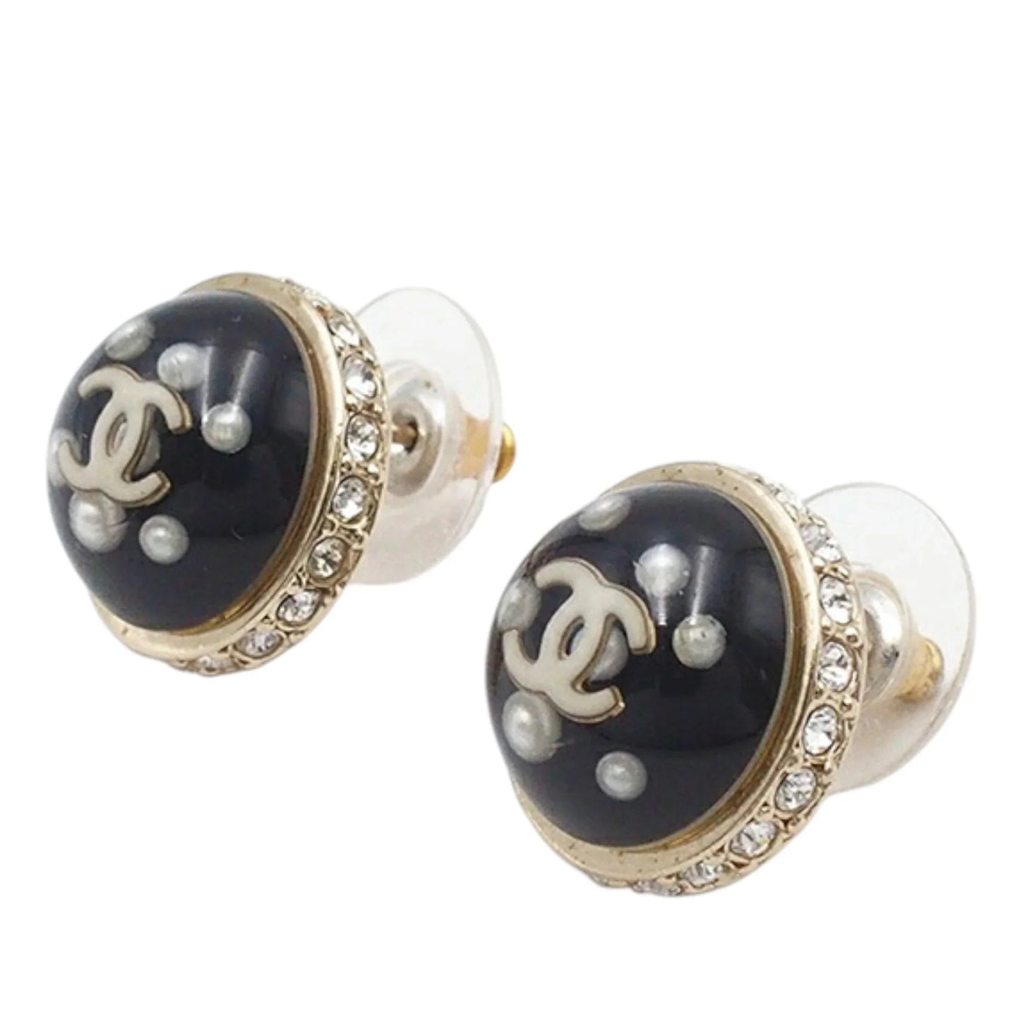 Black Chanel Gold Plated CC Resin Faux Pearl Crystal Dome Bullet Back Earrings