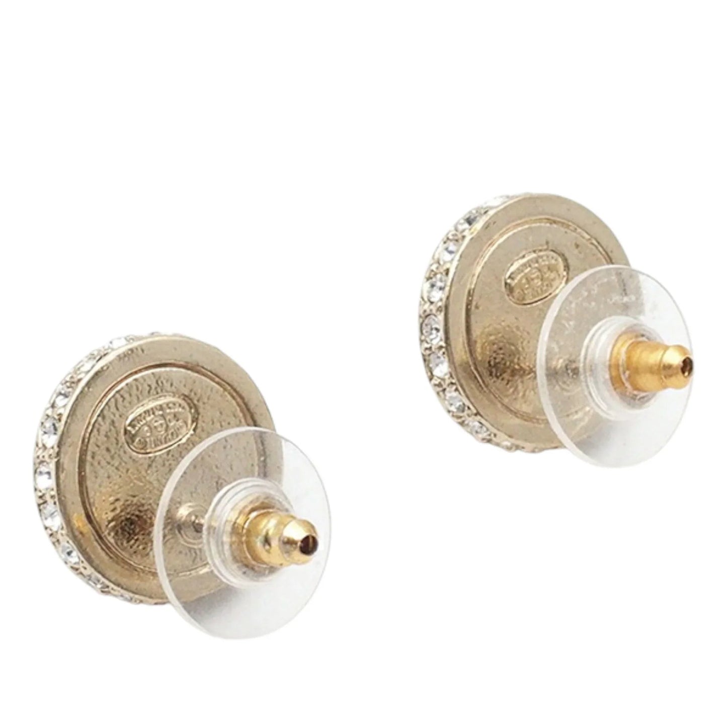 Black Chanel Gold Plated CC Resin Faux Pearl Crystal Dome Bullet Back Earrings