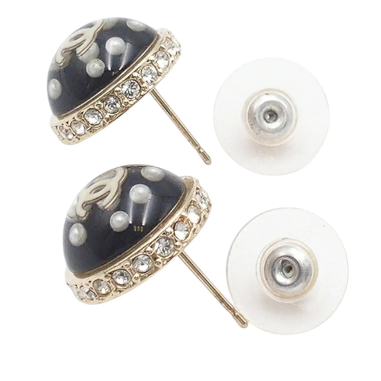 Black Chanel Gold Plated CC Resin Faux Pearl Crystal Dome Bullet Back Earrings
