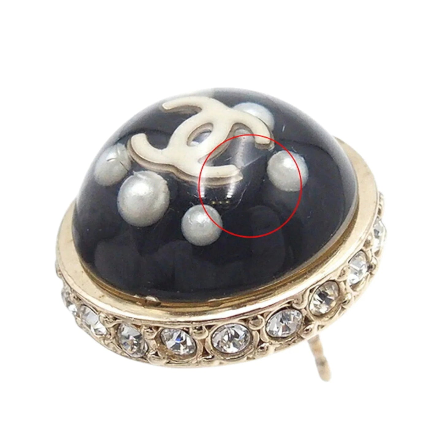 Black Chanel Gold Plated CC Resin Faux Pearl Crystal Dome Bullet Back Earrings