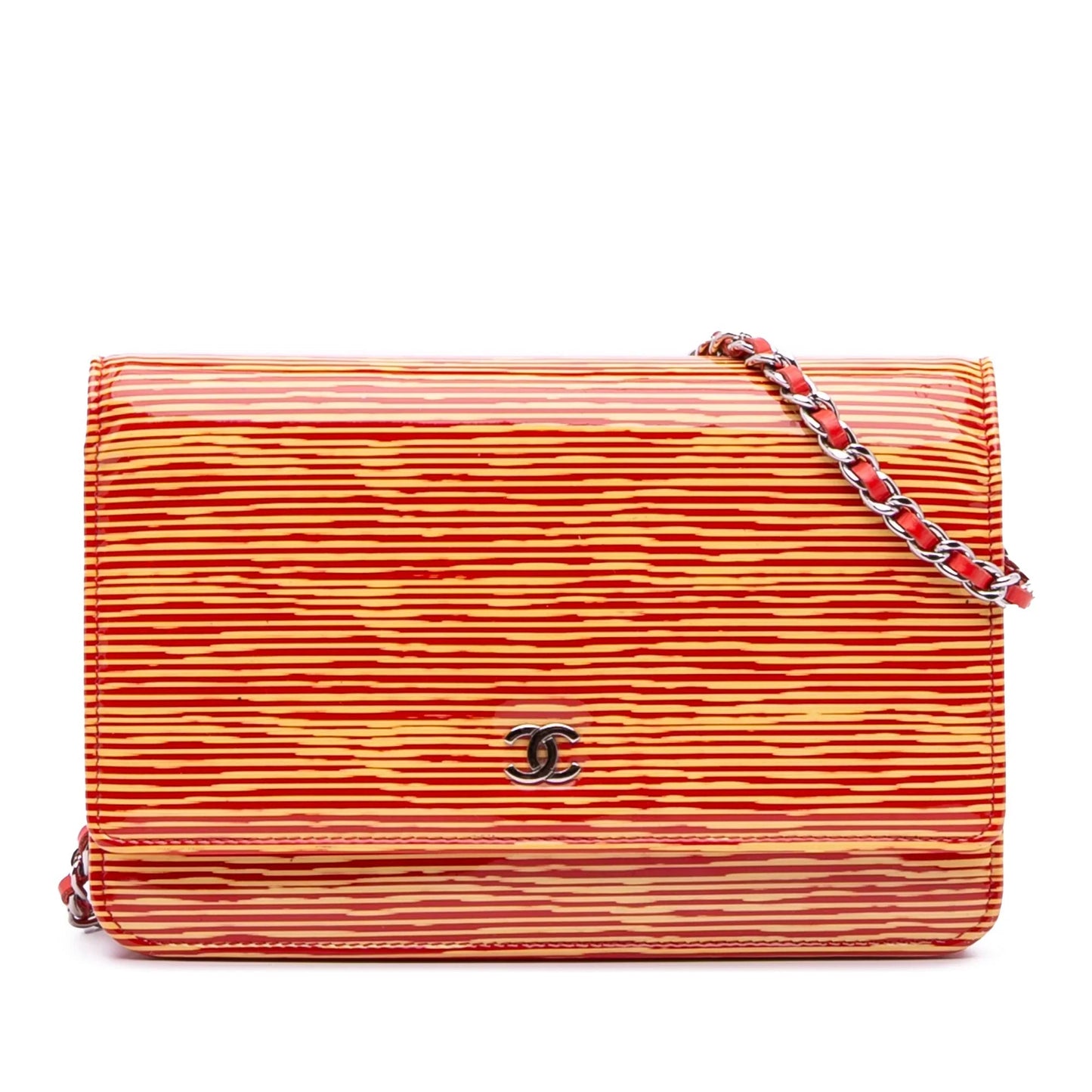 Orange Chanel Patent Striped Wallet On Chain Crossbody Bag
