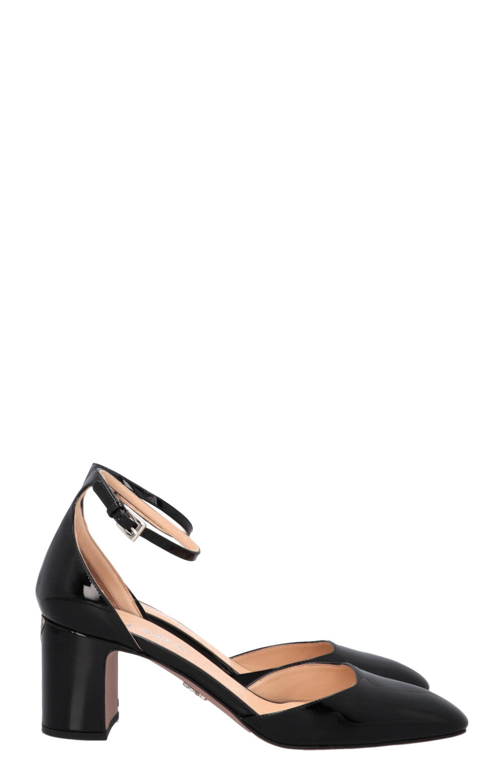 PRADA Triangle Logo Heels Black Patent