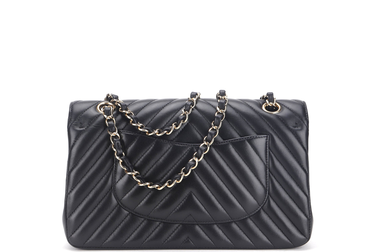 CHANEL CLASSIC DOUBLE FLAP CHEVRON (2467xxxx) MEDIUM BLACK LAMBSKIN WITH GOLD CHAIN, WITH , DUST COVER & BOX