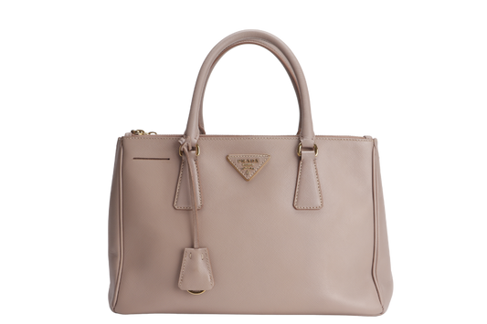 PRADA SMALL GALLERIA 2WAY   TOTE BAG BEIGE SAFFIANO LEATHER GOLD HARDWARE WITH DUST COVER, NO CARD
