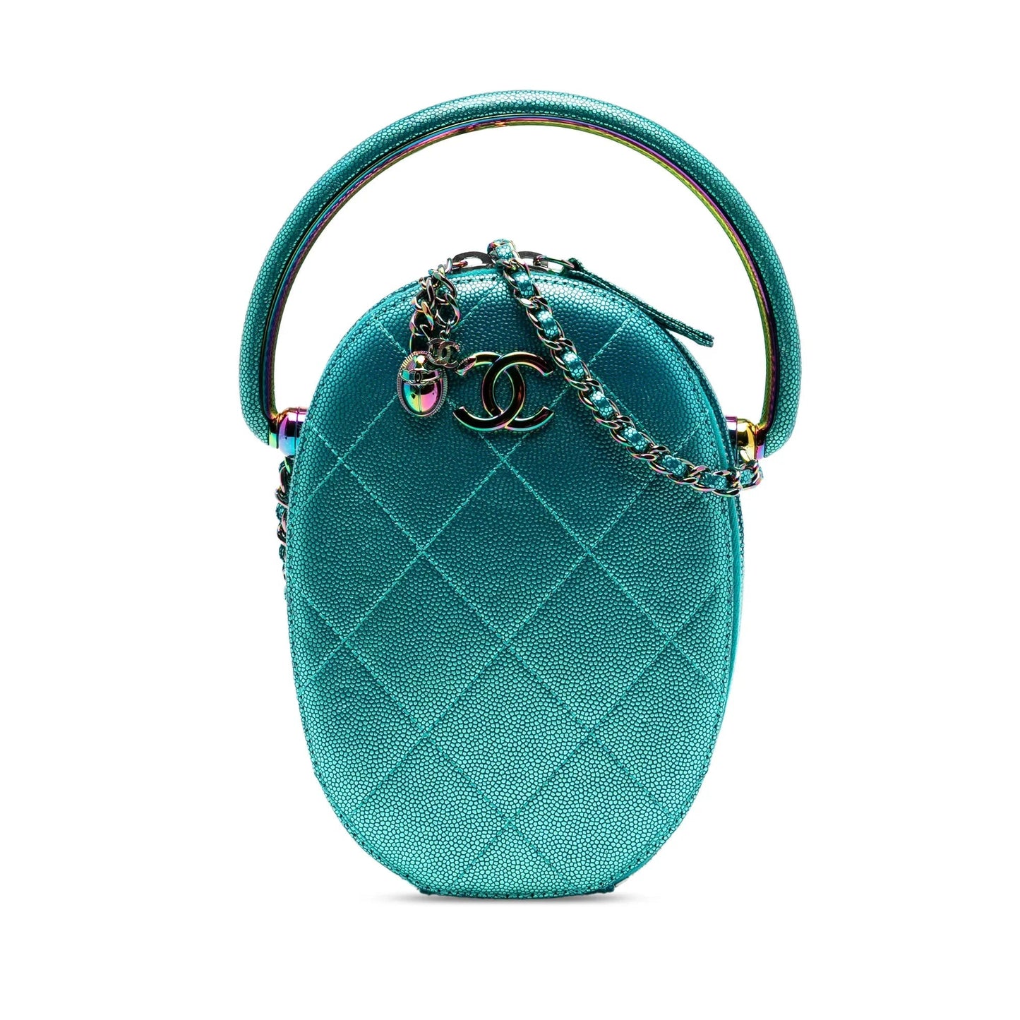 Blue Chanel Quilted Metallic Caviar Rainbow Hardware Oval Camera Bag Satchel