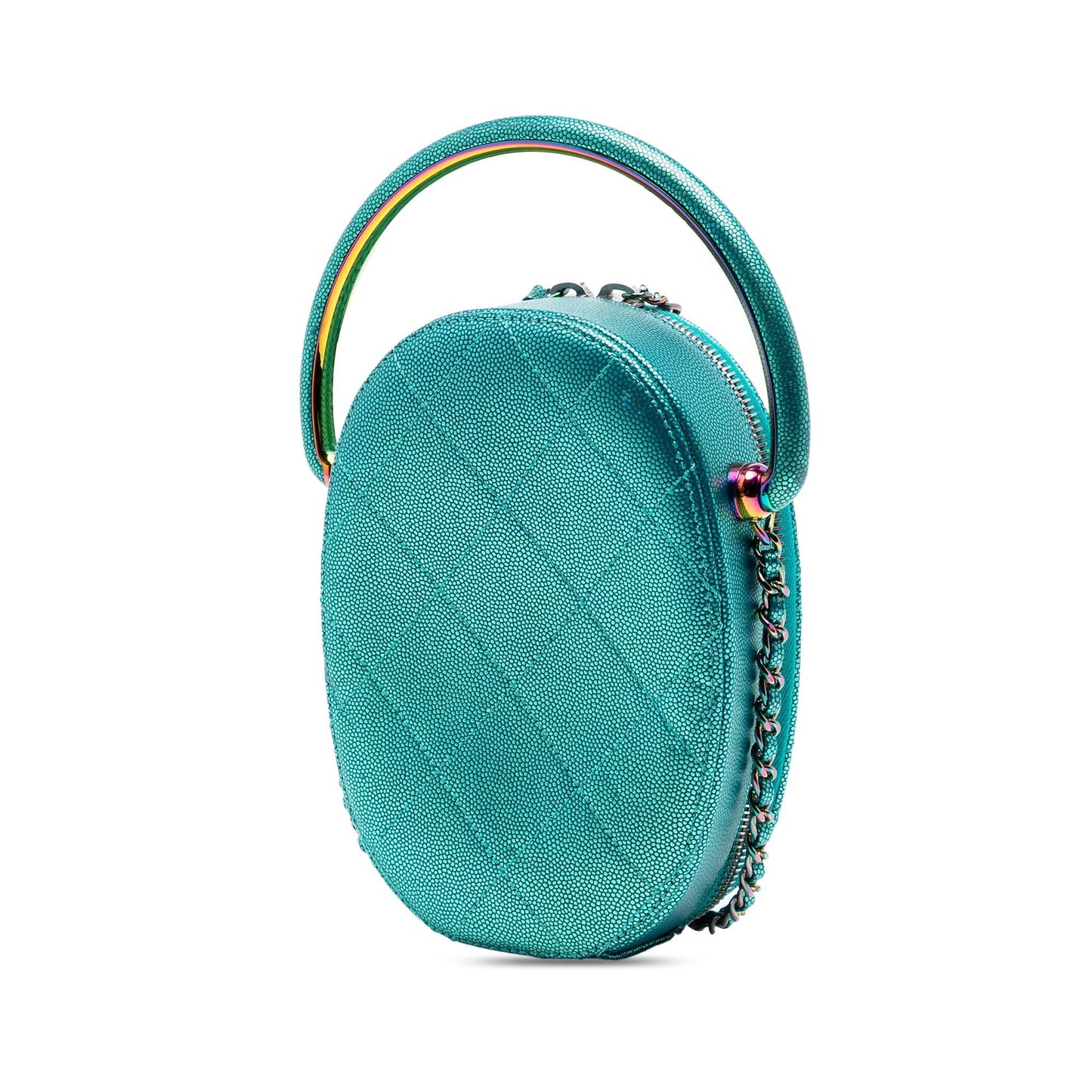 Blue Chanel Quilted Metallic Caviar Rainbow Hardware Oval Camera Bag Satchel