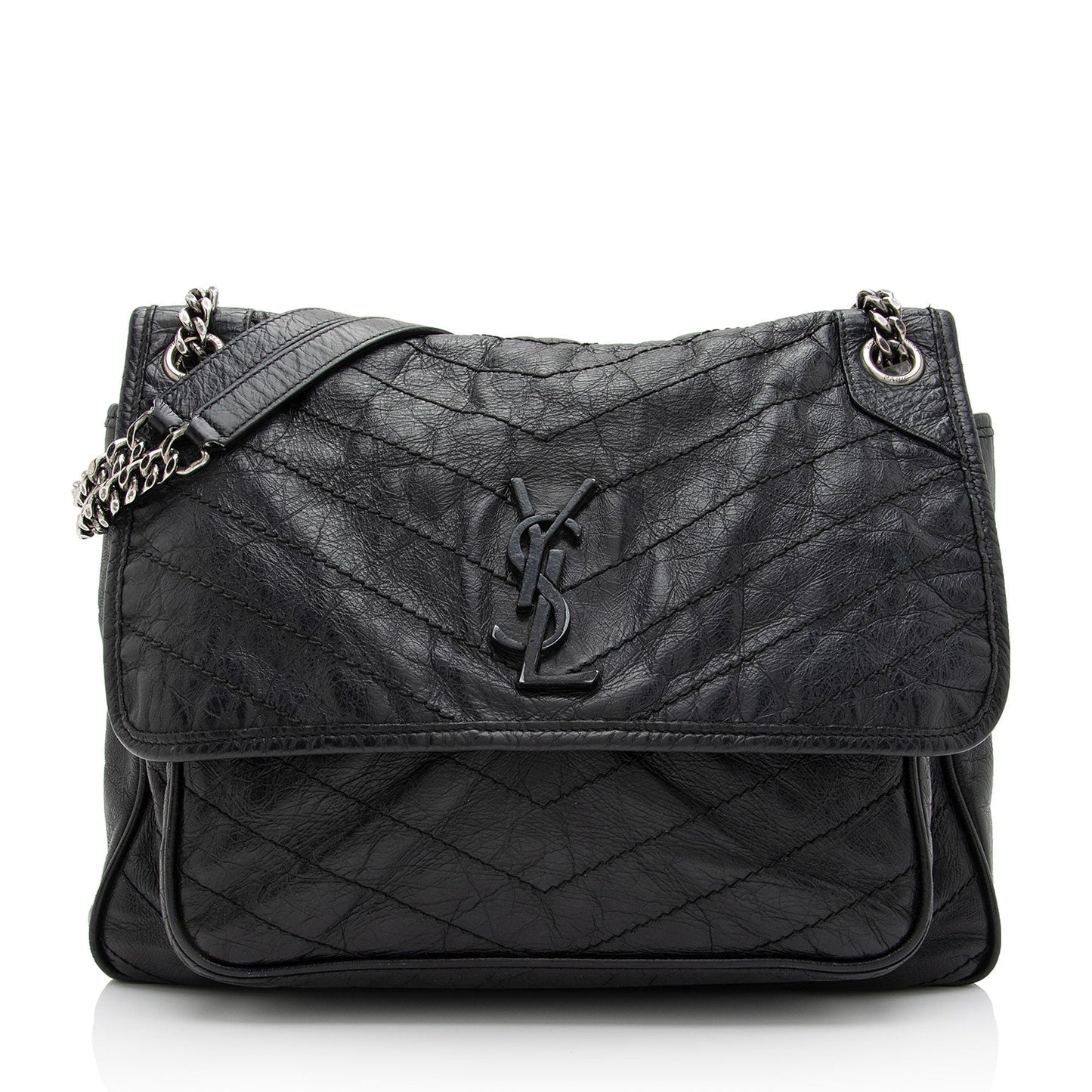 Saint Laurent Crinkled Calfskin Matte Black Monogram Niki Large Shoulder Bag eFW25Q