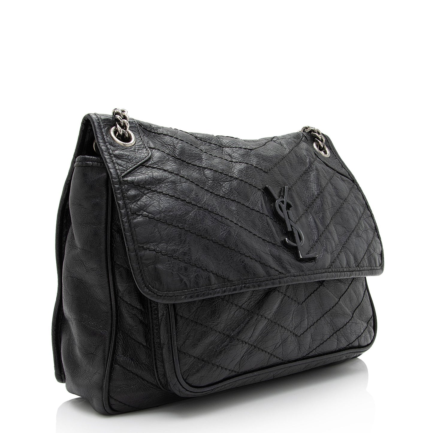 Saint Laurent Crinkled Calfskin Matte Black Monogram Niki Large Shoulder Bag eFW25Q