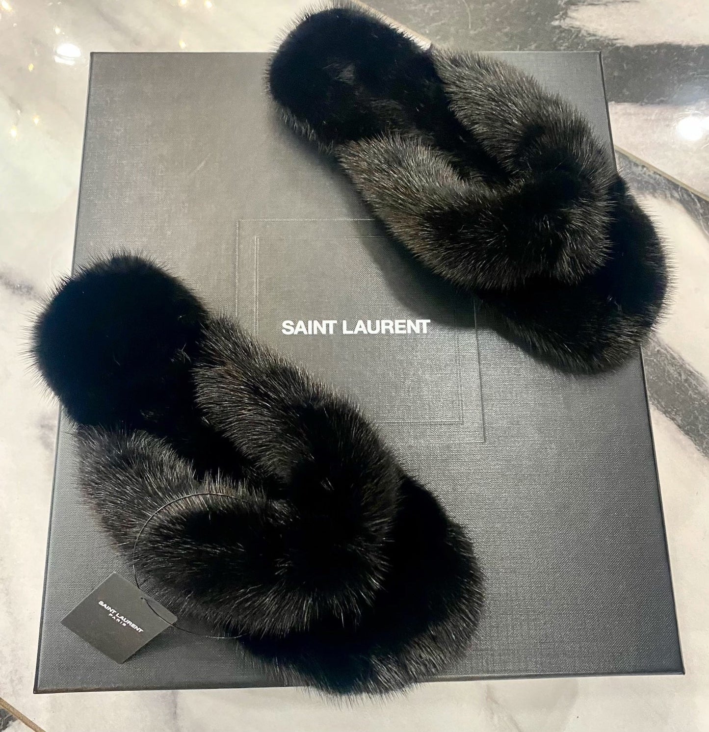 SAINT LAURENT BLEACH MINK MULES