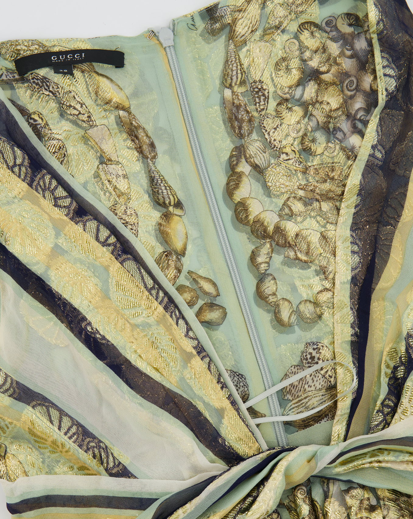 Gucci Pastel Green Printed Long Silk Dress with Gold Embellishments Size IT 38 (UK 6)