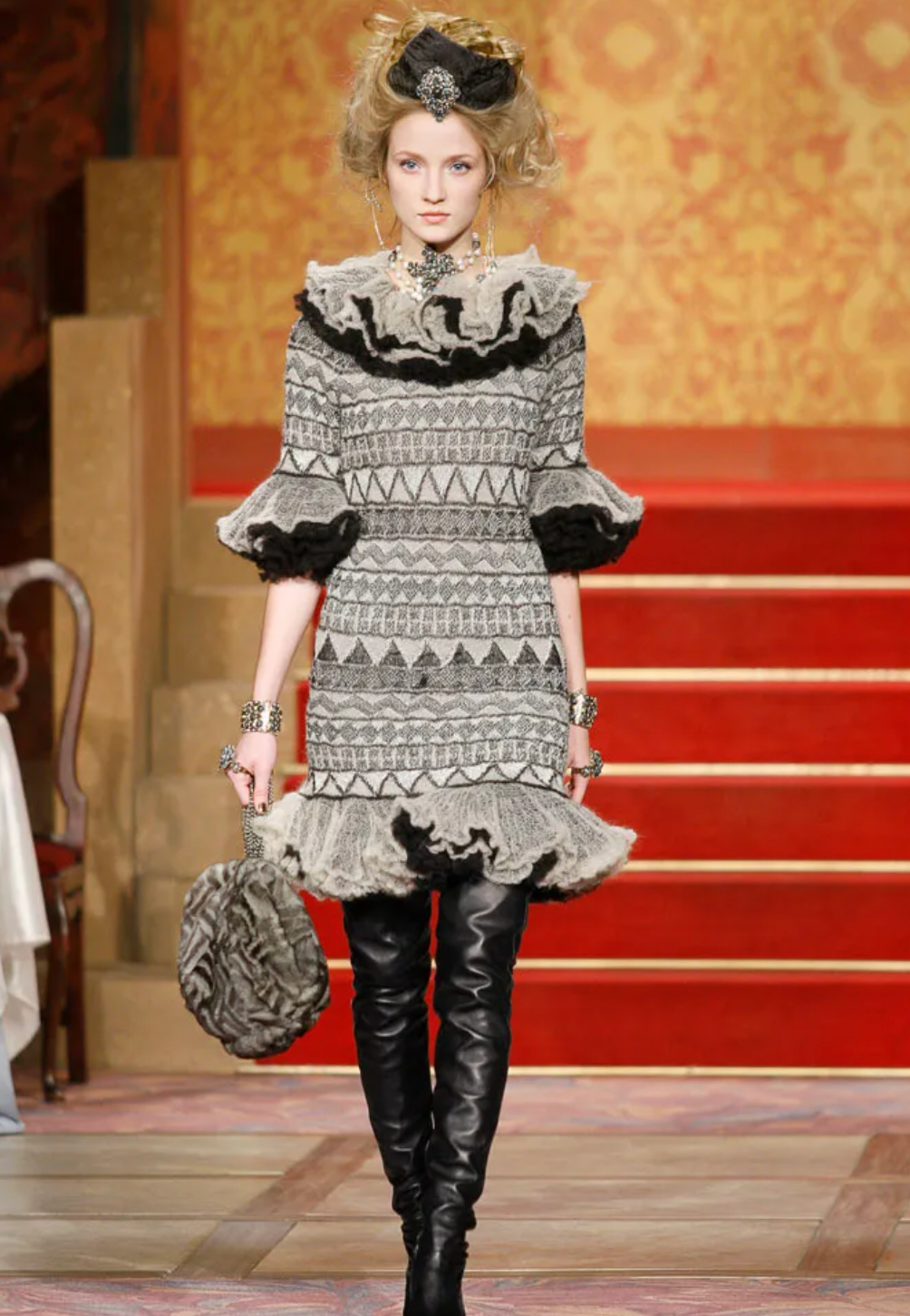 Chanel 2009 Paris-Moscow Black, Grey, Beige Wool and Mohair Mini Ruffle Dress Size FR 38 (UK 10) RRP £3,650