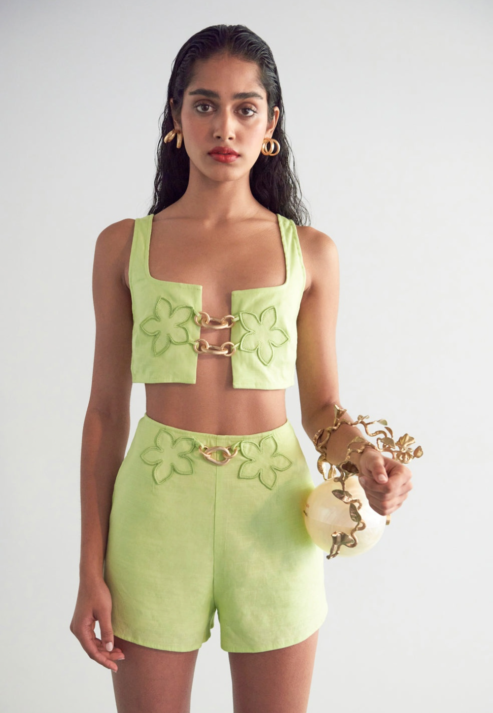 Cult Gaia Light Green Top and Short Set with Floral and Chain Details Size US 2-4 (UK 6-8) (