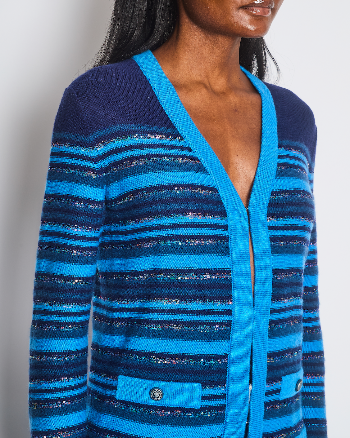 Chanel 20C Blue and Navy Cashmere Striped Long Cardigan with Multicolour Sequins Detail and Silver Camelia CC Buttons Size FR 36 (UK 8)