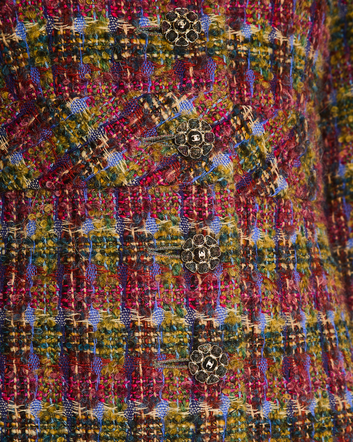 Chanel Green, Blue, Pink Tweed Check Long Coat with Button CC Detailing FR 34 (UK 6)