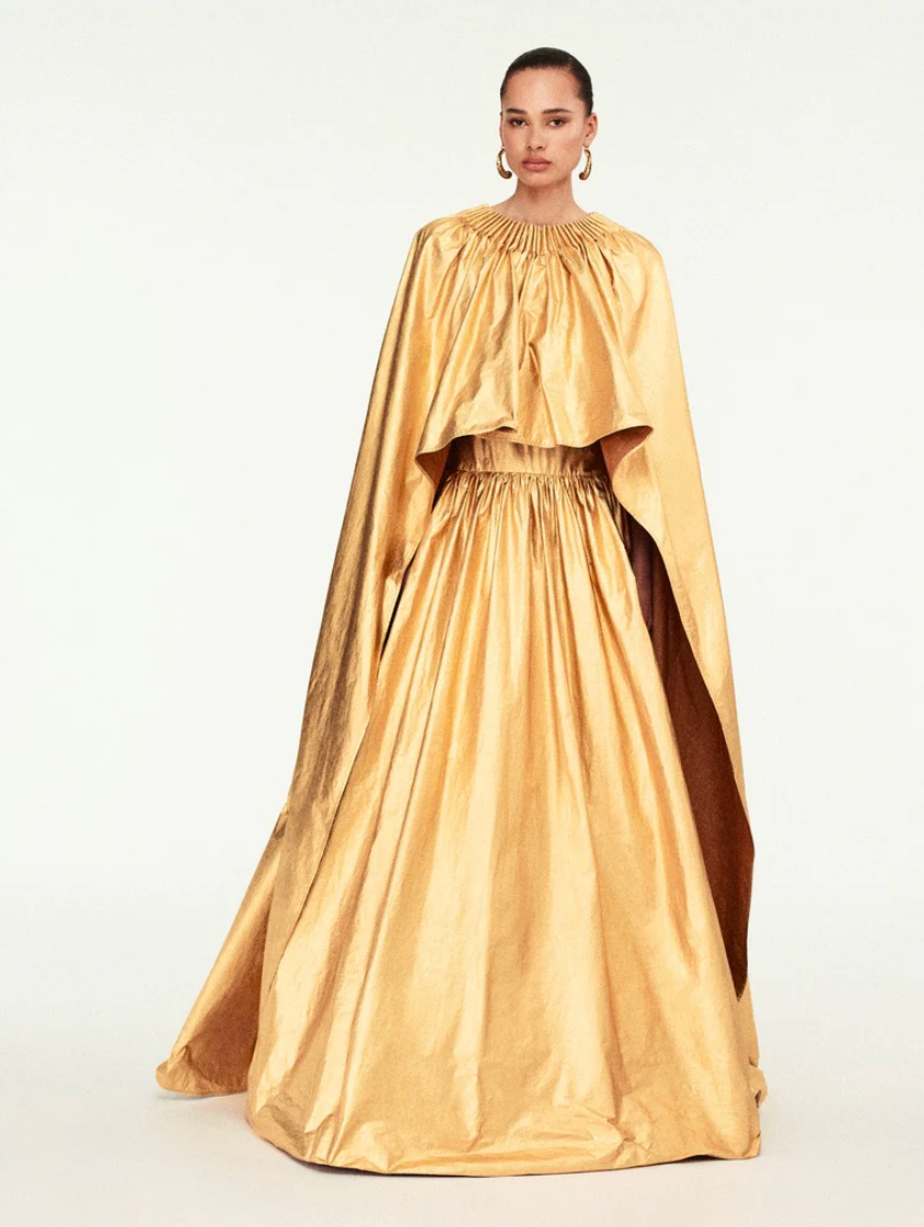 *CURRENT SEASON* Schiaparelli Gold Ruched Metallic Maxi Cape Dress Size FR 38 (UK 10)