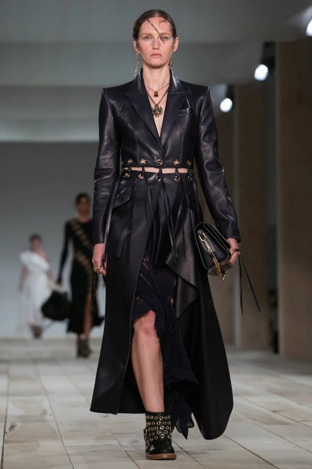 Alexander McQueen Spring 2020 Runway Navy Leather Fringed Trench Coat with Gold Eyelets Details Size IT 38 (UK 6)
