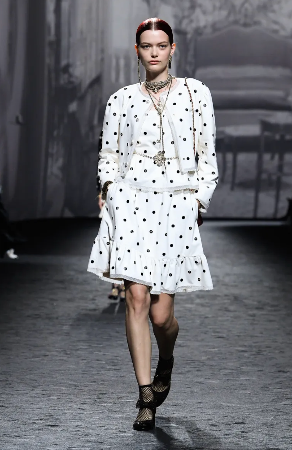 Chanel 23S White and Black Lambskin Leather Polka Dot Cropped Jacket with Lace Trims and Crystal Embellished Pearl CC Logo Buttons Size FR 36 (UK 8)
