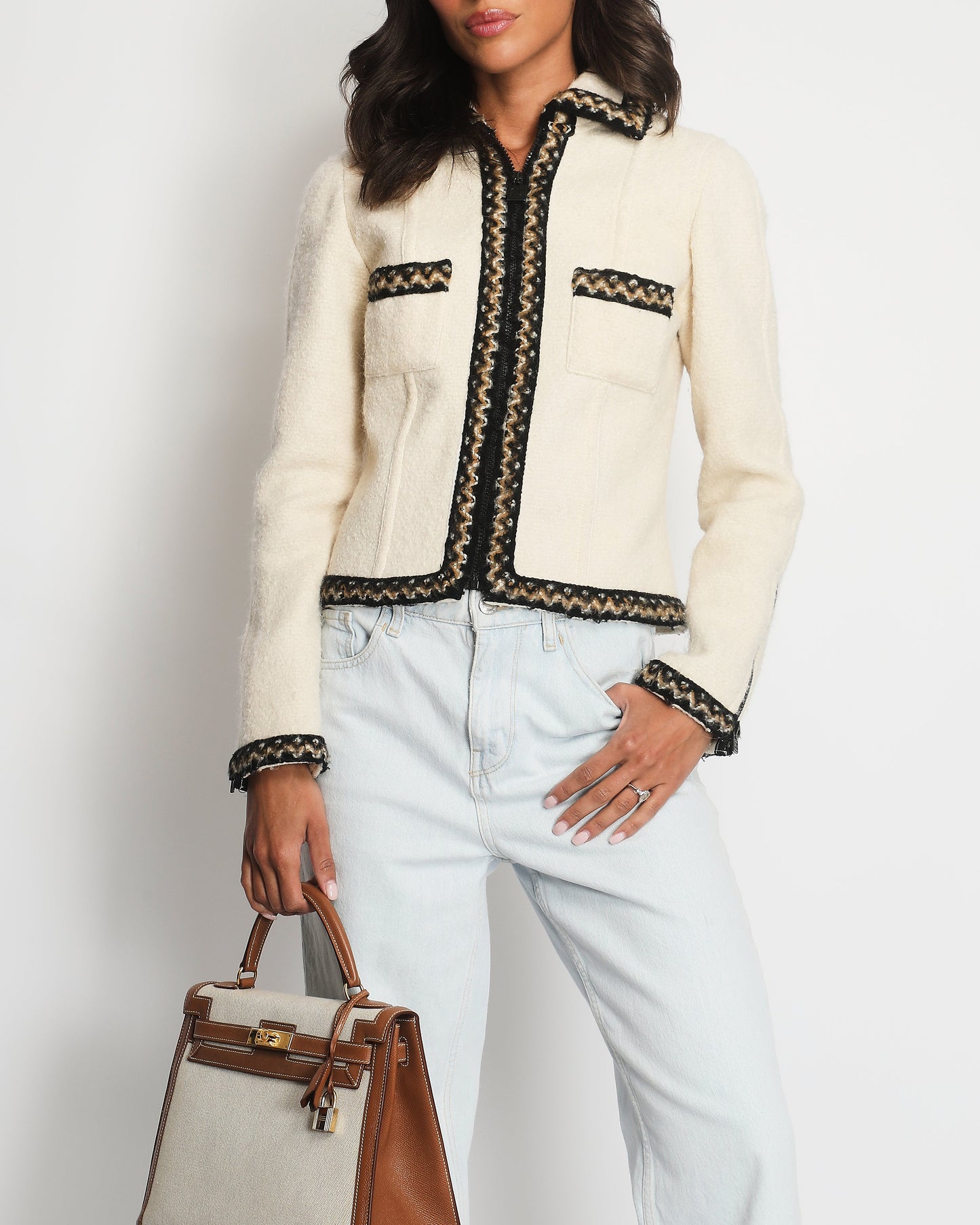 Chanel 1996 Cream Mark Tweed Jacket with Brown, White ZigZag Trim Detail Size FR 38 (UK 10)