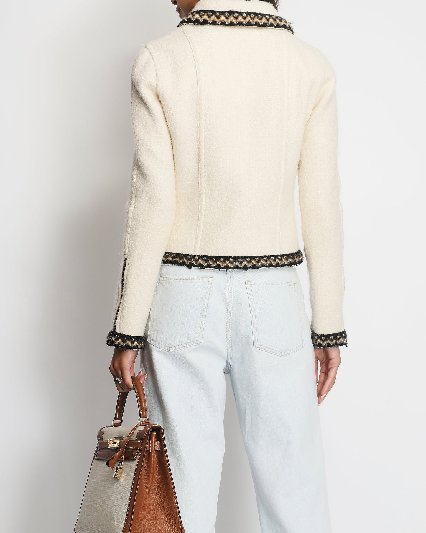 Chanel 1996 Cream Mark Tweed Jacket with Brown, White ZigZag Trim Detail Size FR 38 (UK 10)