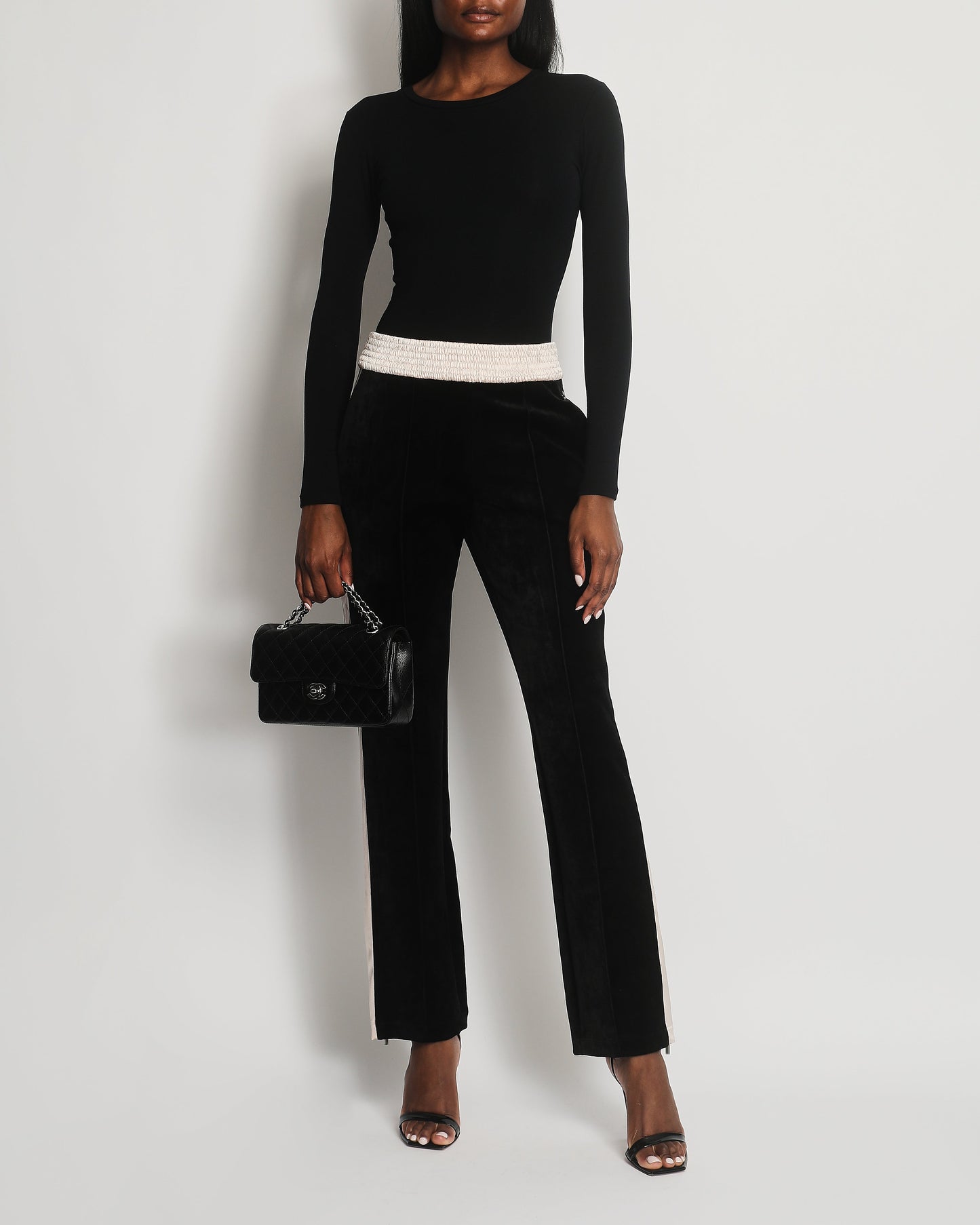 Chanel Black Velvet & Cream Satin Tracksuit Tro rs with Elasticated Waist, Logo & Zips Detail Size FR 38 (UK 10)