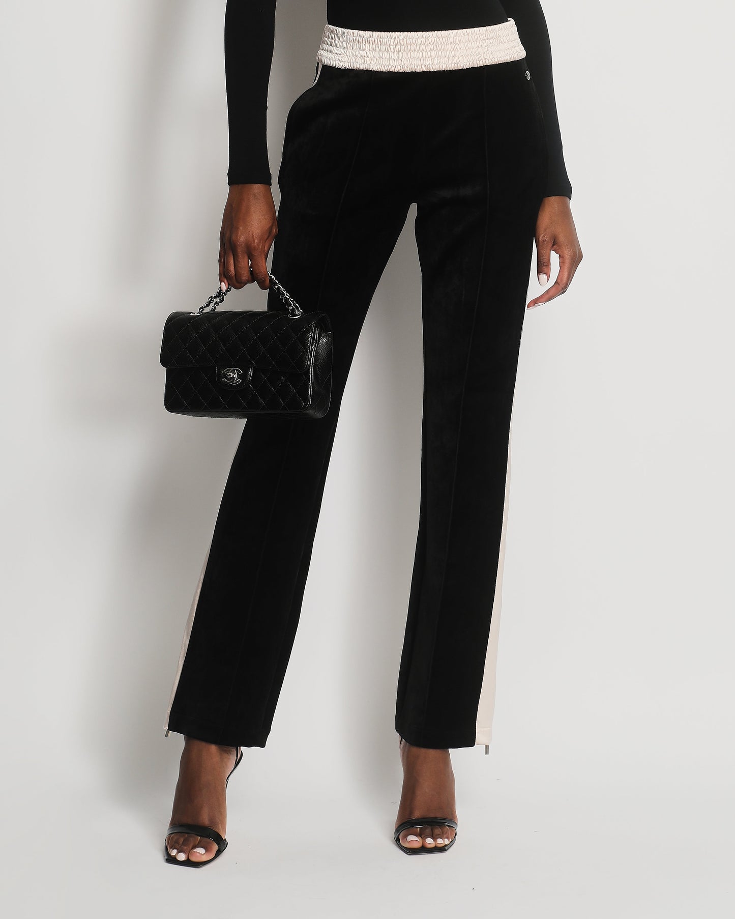 Chanel Black Velvet & Cream Satin Tracksuit Tro rs with Elasticated Waist, Logo & Zips Detail Size FR 38 (UK 10)