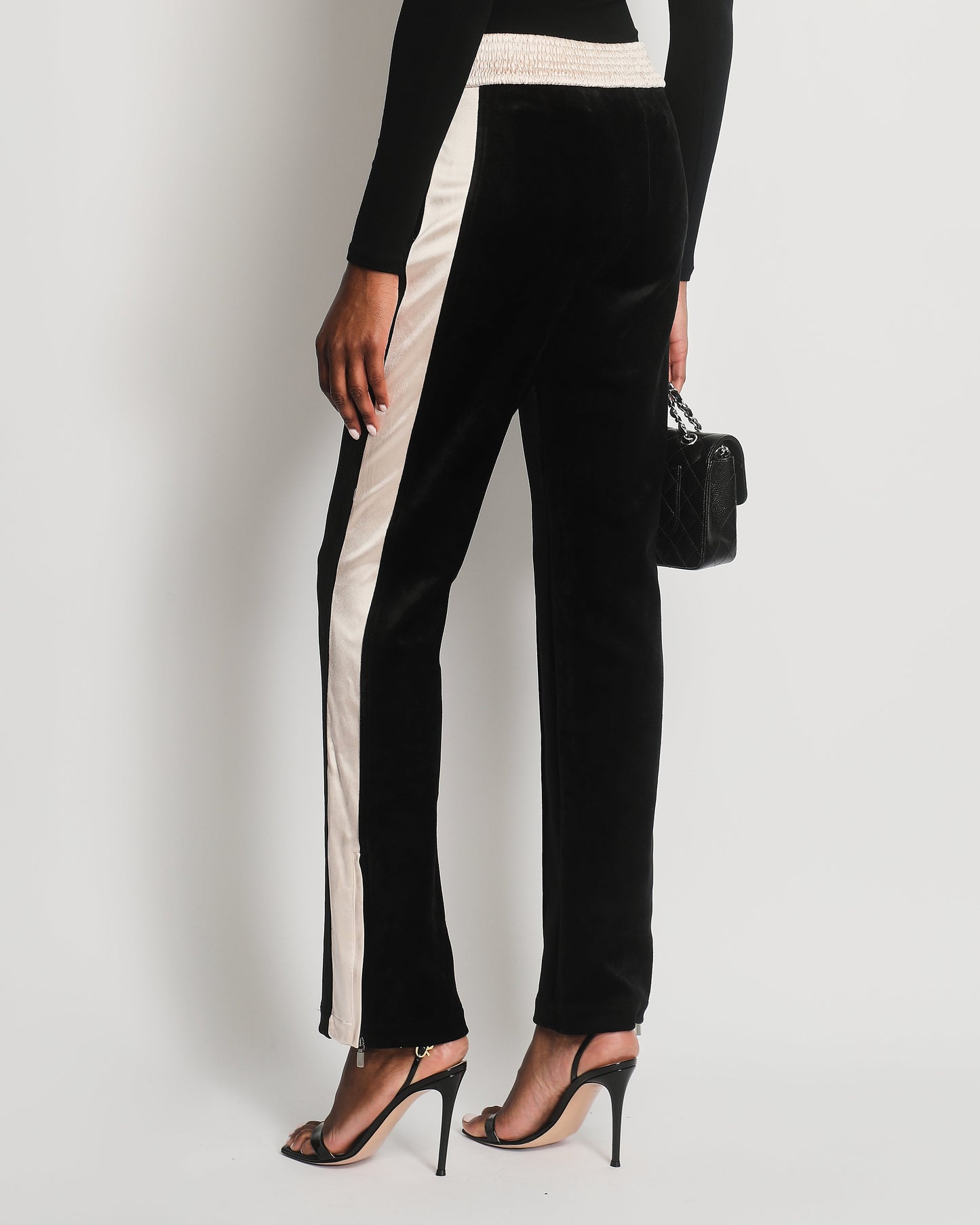 Chanel Black Velvet & Cream Satin Tracksuit Tro rs with Elasticated Waist, Logo & Zips Detail Size FR 38 (UK 10)