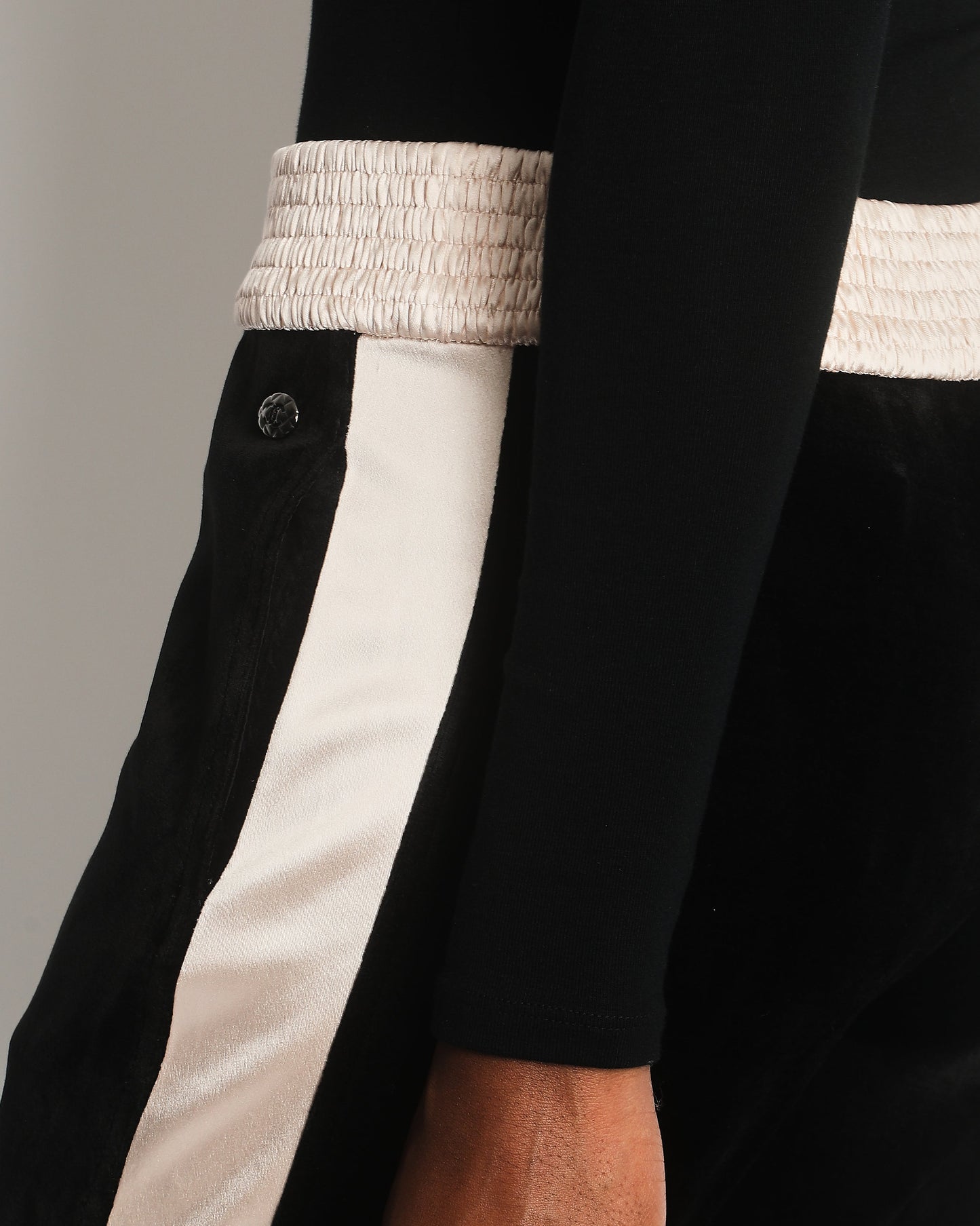 Chanel Black Velvet & Cream Satin Tracksuit Tro rs with Elasticated Waist, Logo & Zips Detail Size FR 38 (UK 10)