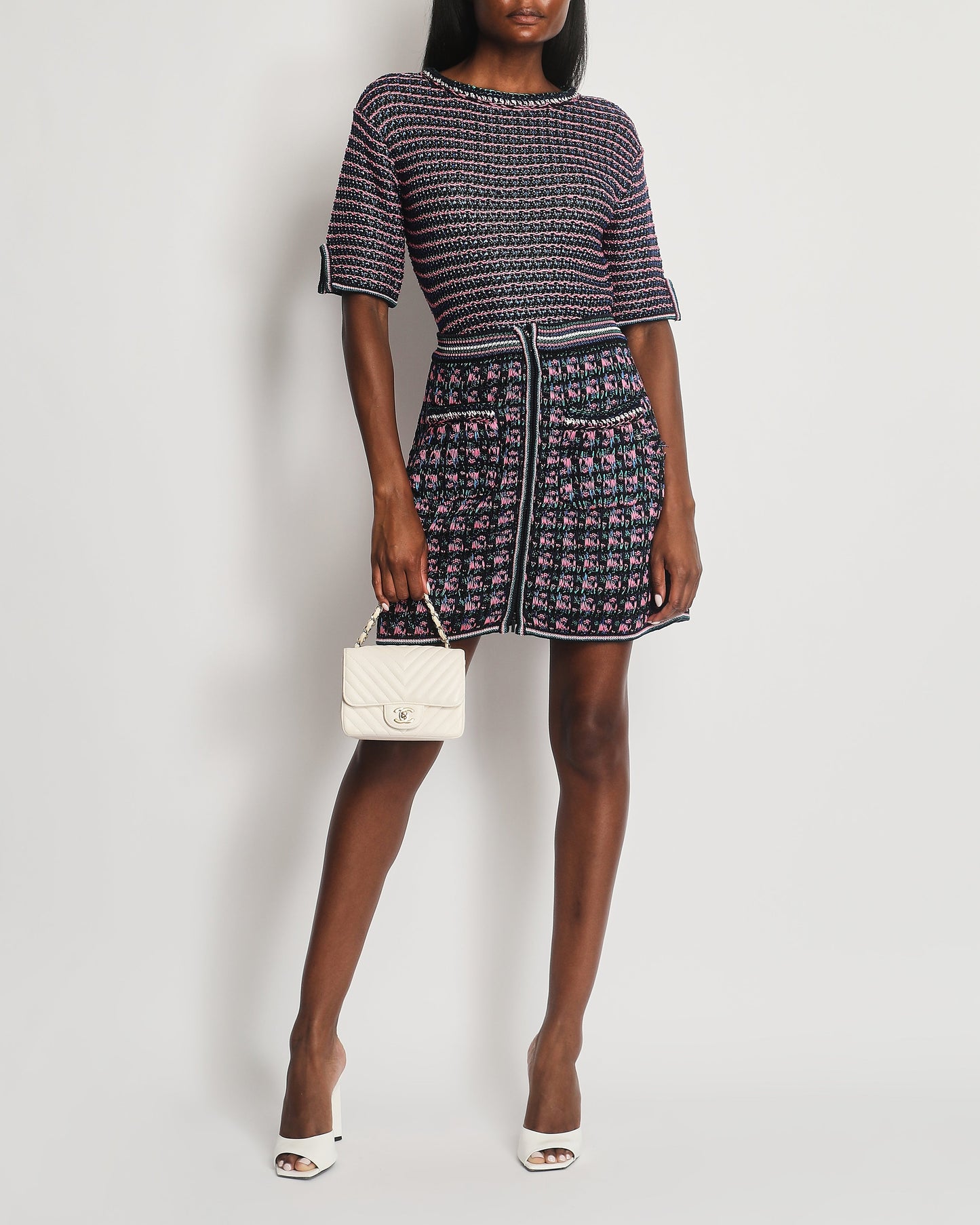 Chanel Black, Pink and Green Tweed Top and Mini Skirt Set with Metallic Fibres Size FR  38 (UK 10)