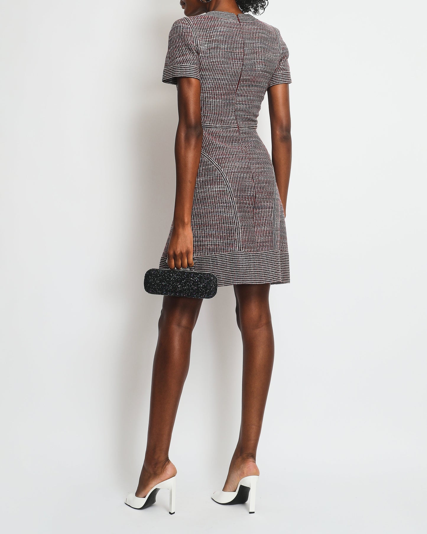 Chanel Red, Navy Metallic Short Sleeve Tweed A-Line A/W 2014 Dress Size FR 34 (UK 6)