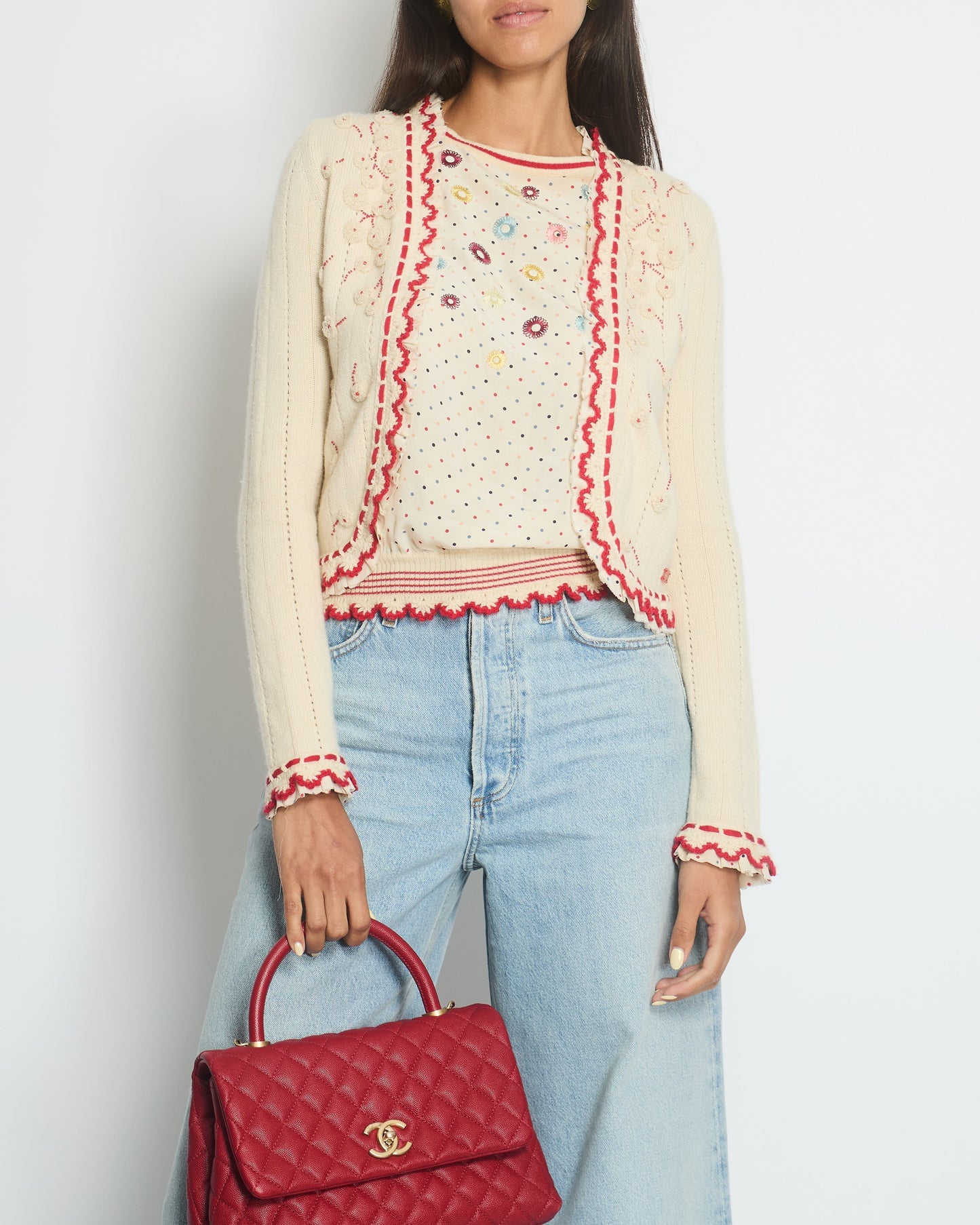 Chanel 05/C Ivory and Red igan Top Set with Eyelet and Crochet Detail FR 38 (UK 10)