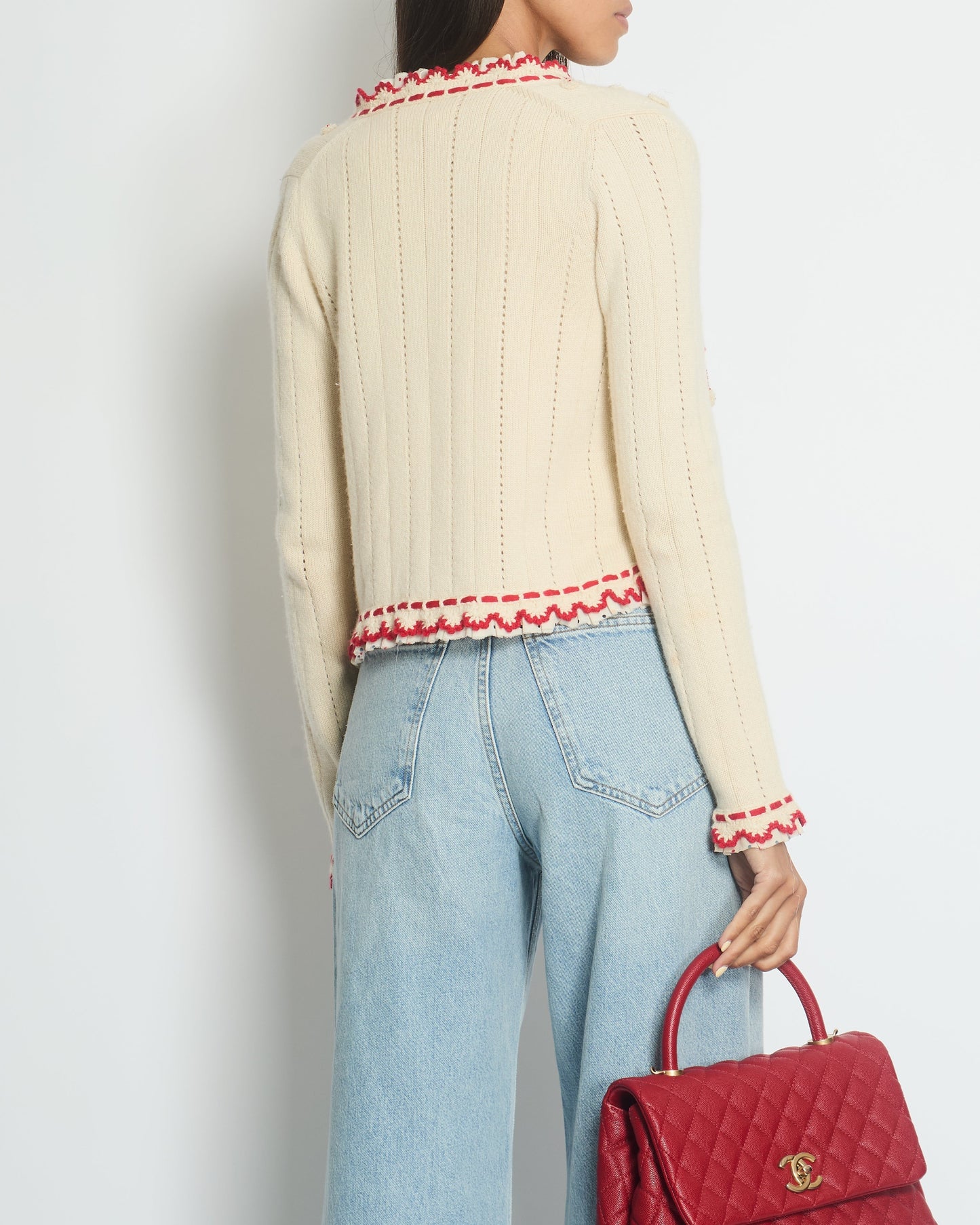 Chanel 05/C Ivory and Red igan Top Set with Eyelet and Crochet Detail FR 38 (UK 10)
