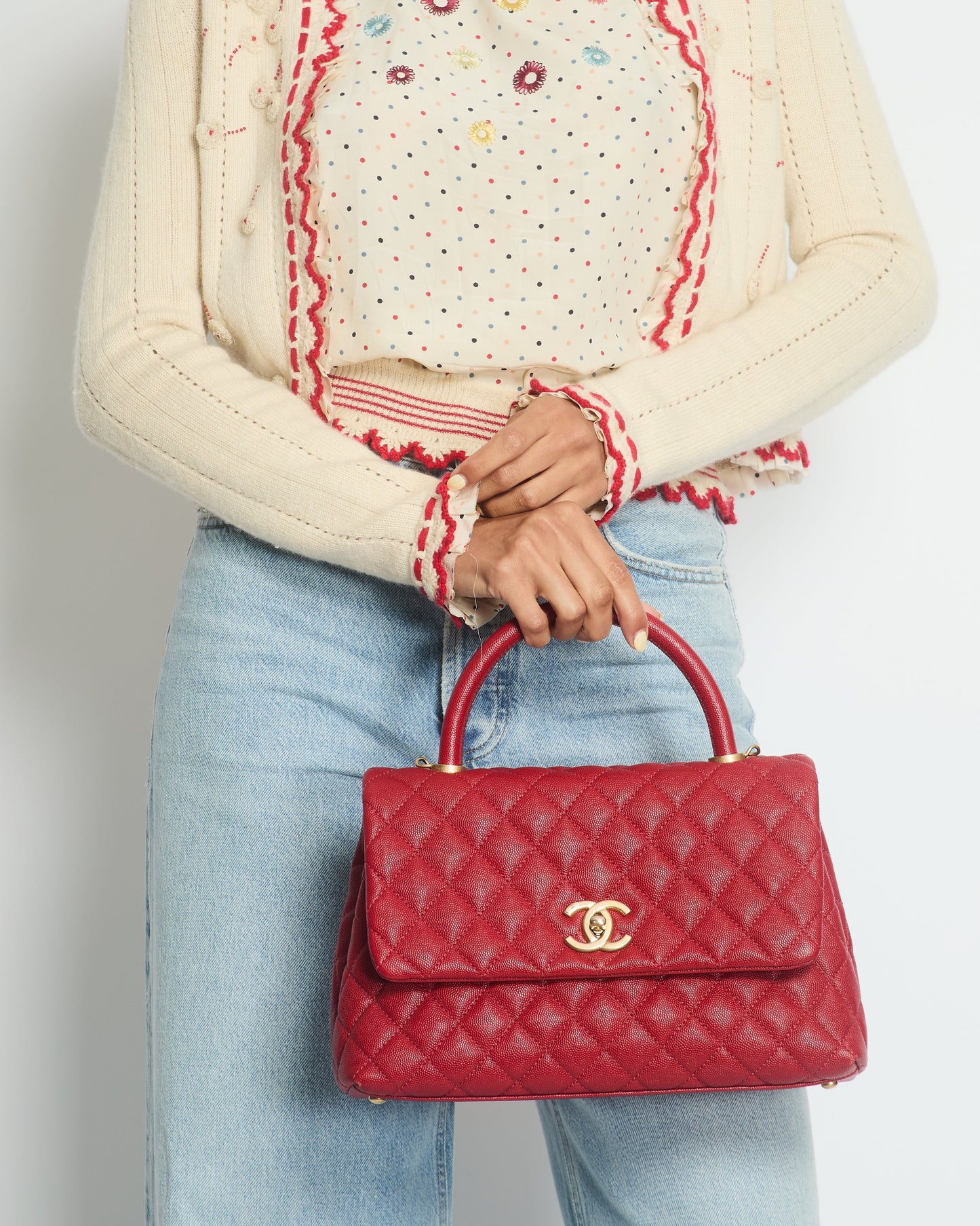Chanel 05/C Ivory and Red igan Top Set with Eyelet and Crochet Detail FR 38 (UK 10)