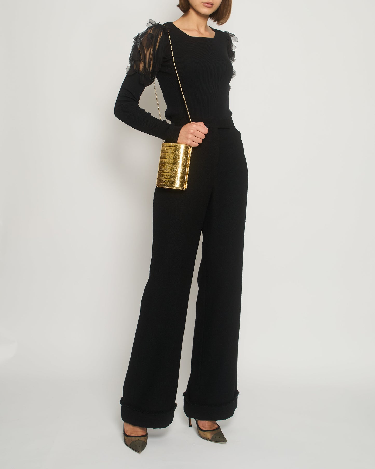 Chanel Black Tweed High-Waist Tro rs with Frayed Trim Detail FR 38 (UK 10)