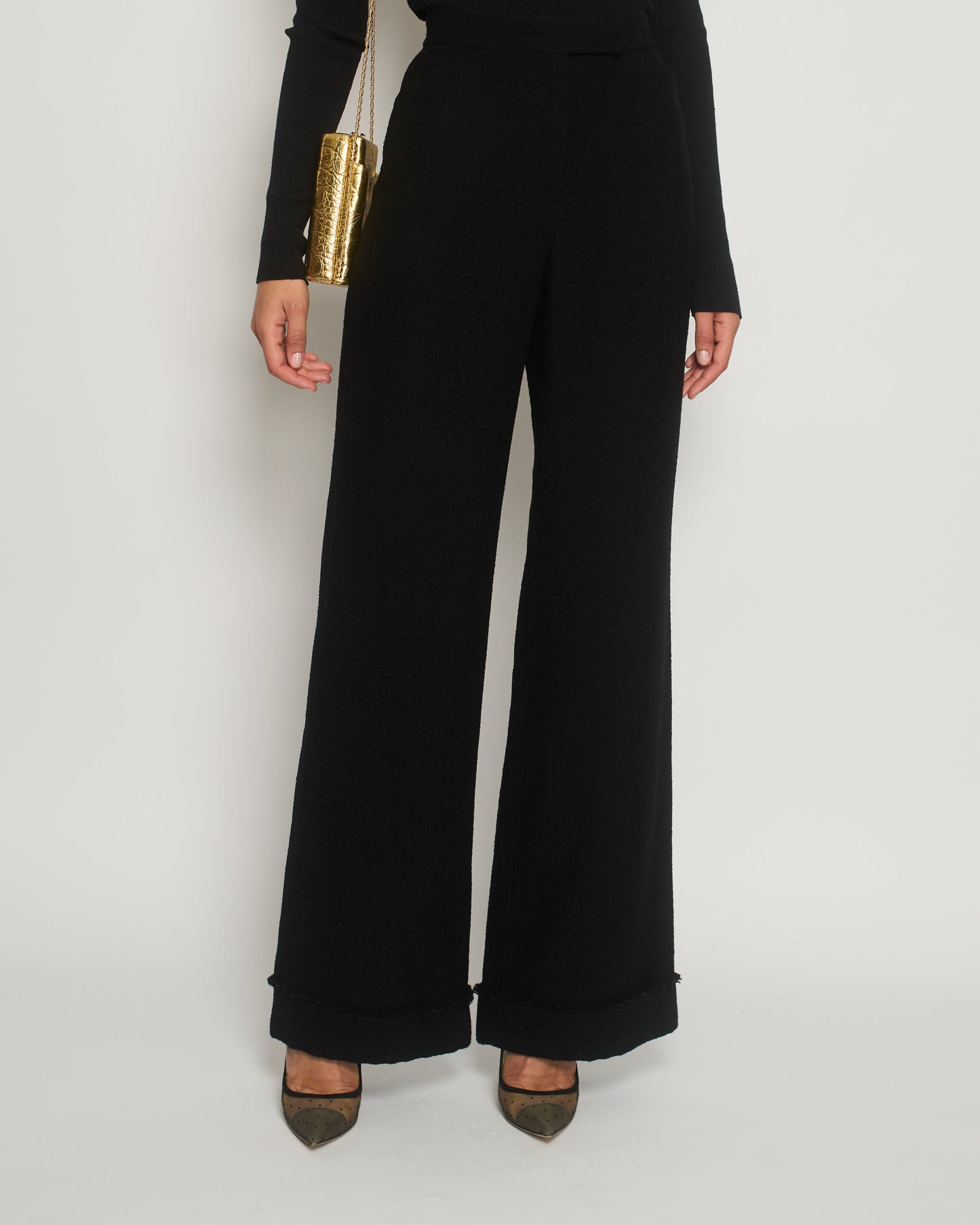 Chanel Black Tweed High-Waist Tro rs with Frayed Trim Detail FR 38 (UK 10)