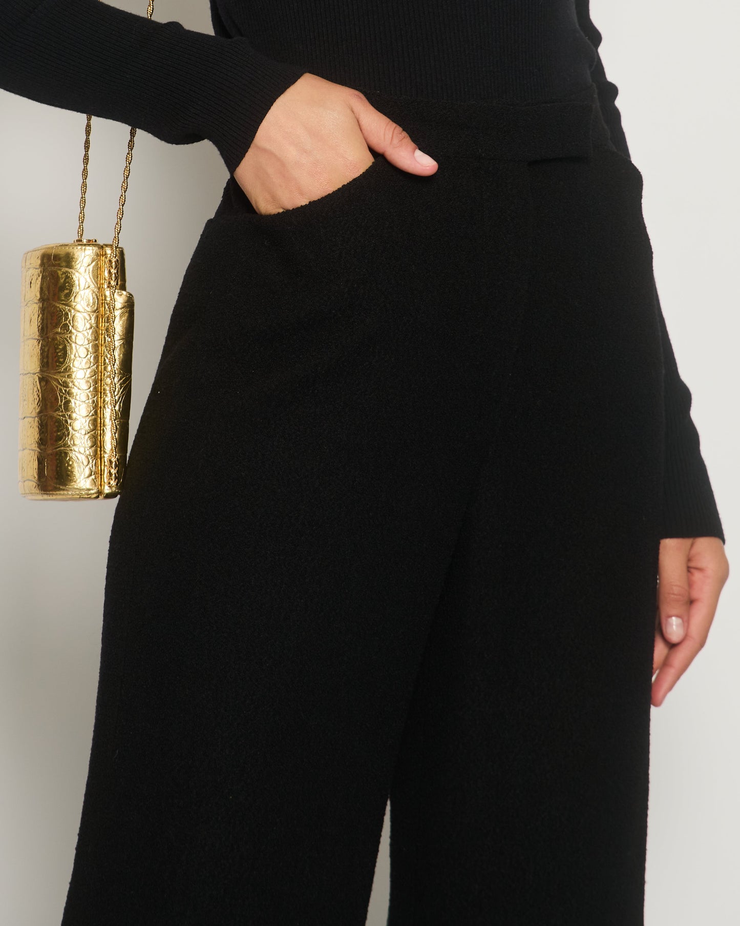 Chanel Black Tweed High-Waist Tro rs with Frayed Trim Detail FR 38 (UK 10)