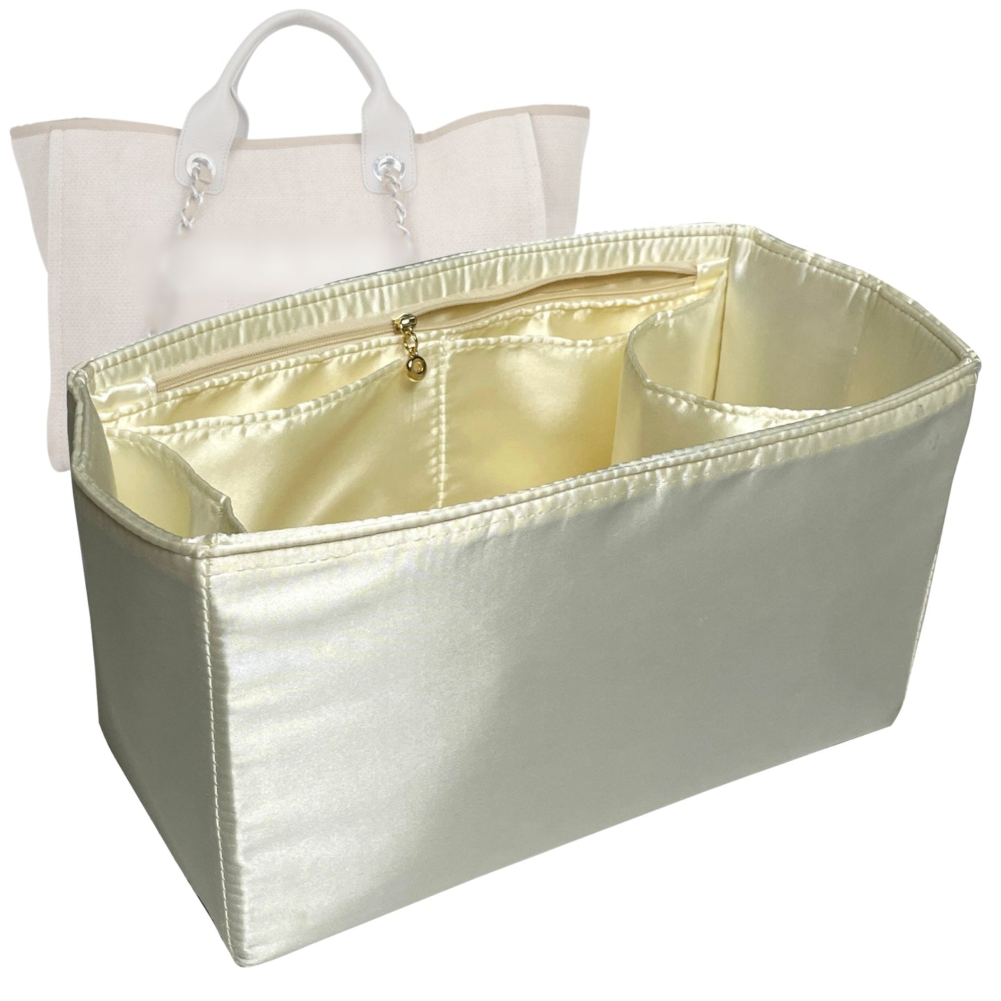 Organizer for [Deauville Canvas Large, Chanel] Bag Insert (Silk, Full-width Zip and Open Pocket)