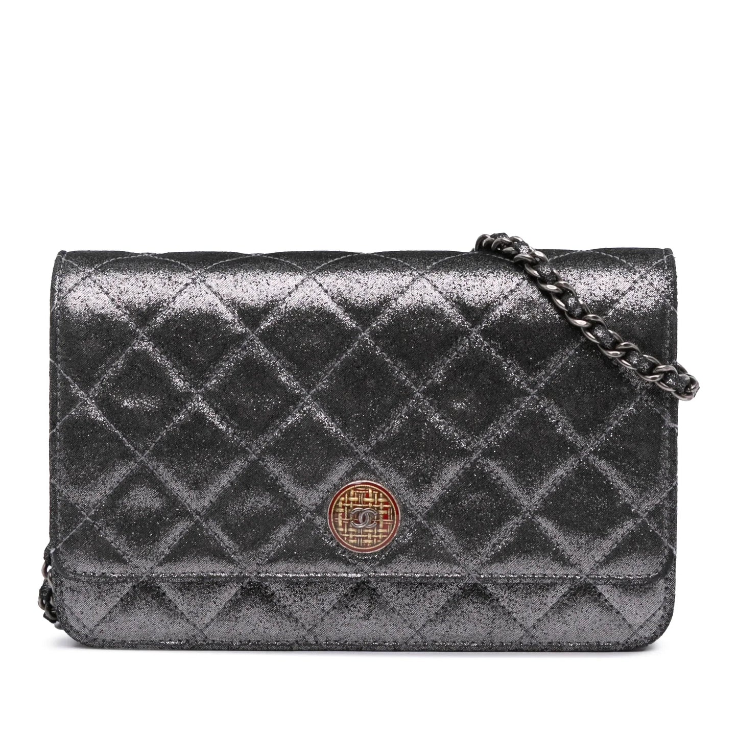 Silver Chanel Quilted Iridescent Lambskin Tartan Button Wallet On Chain Crossbody Bag