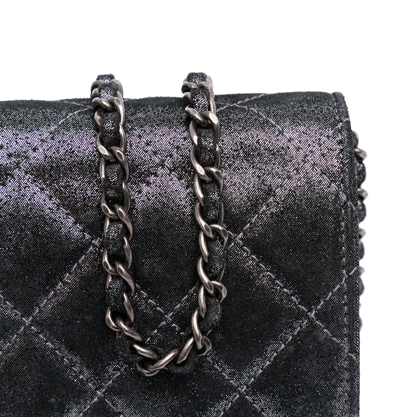 Silver Chanel Quilted Iridescent Lambskin Tartan Button Wallet On Chain Crossbody Bag