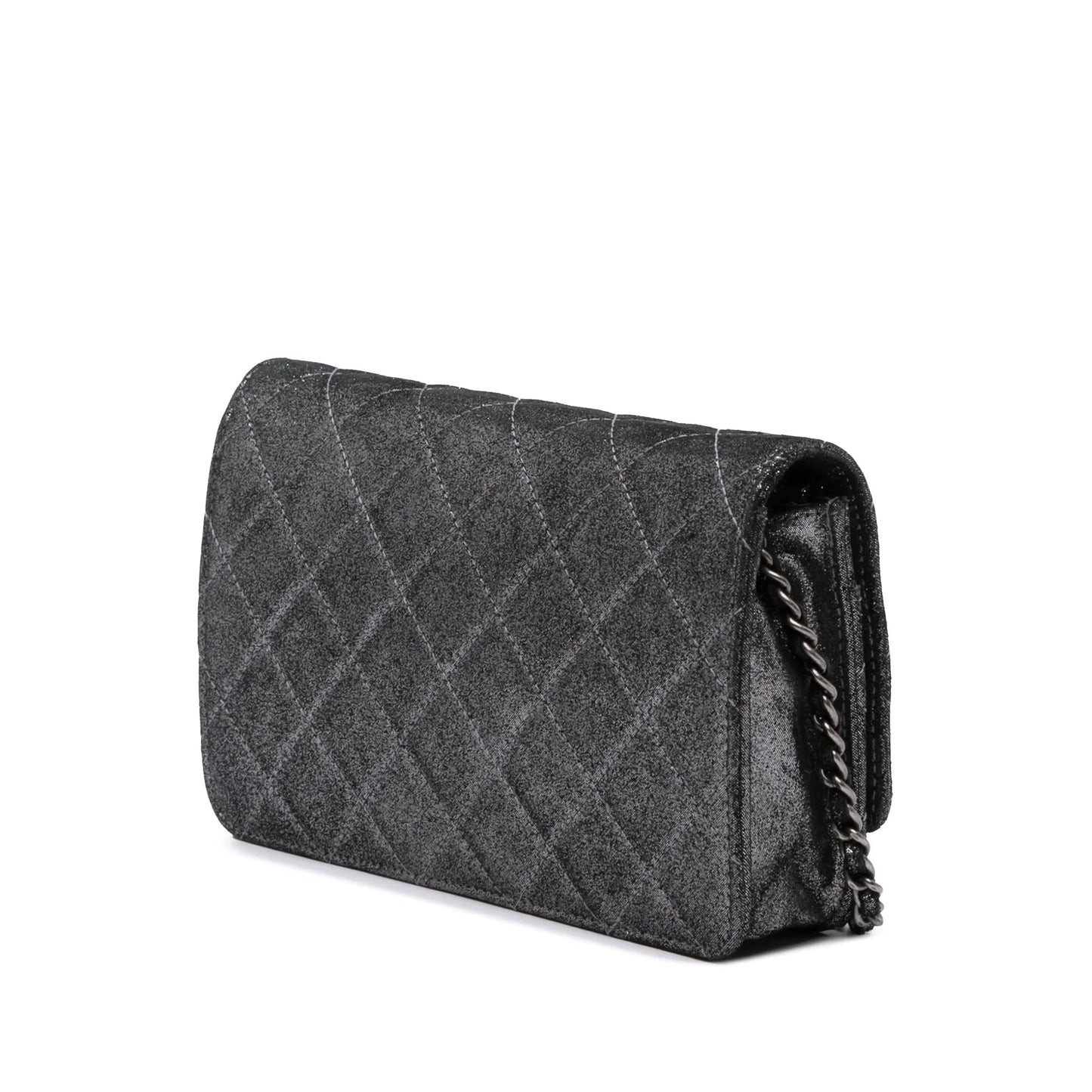 Silver Chanel Quilted Iridescent Lambskin Tartan Button Wallet On Chain Crossbody Bag