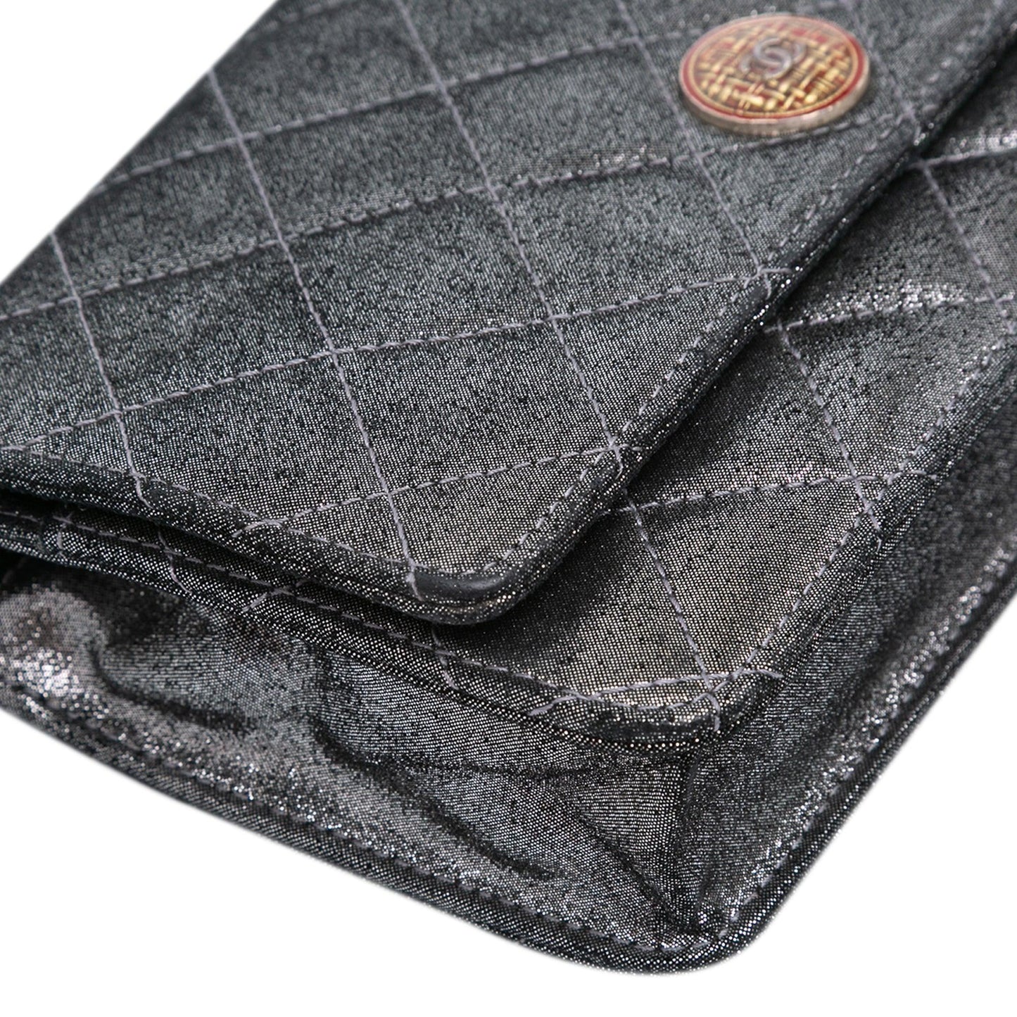 Silver Chanel Quilted Iridescent Lambskin Tartan Button Wallet On Chain Crossbody Bag